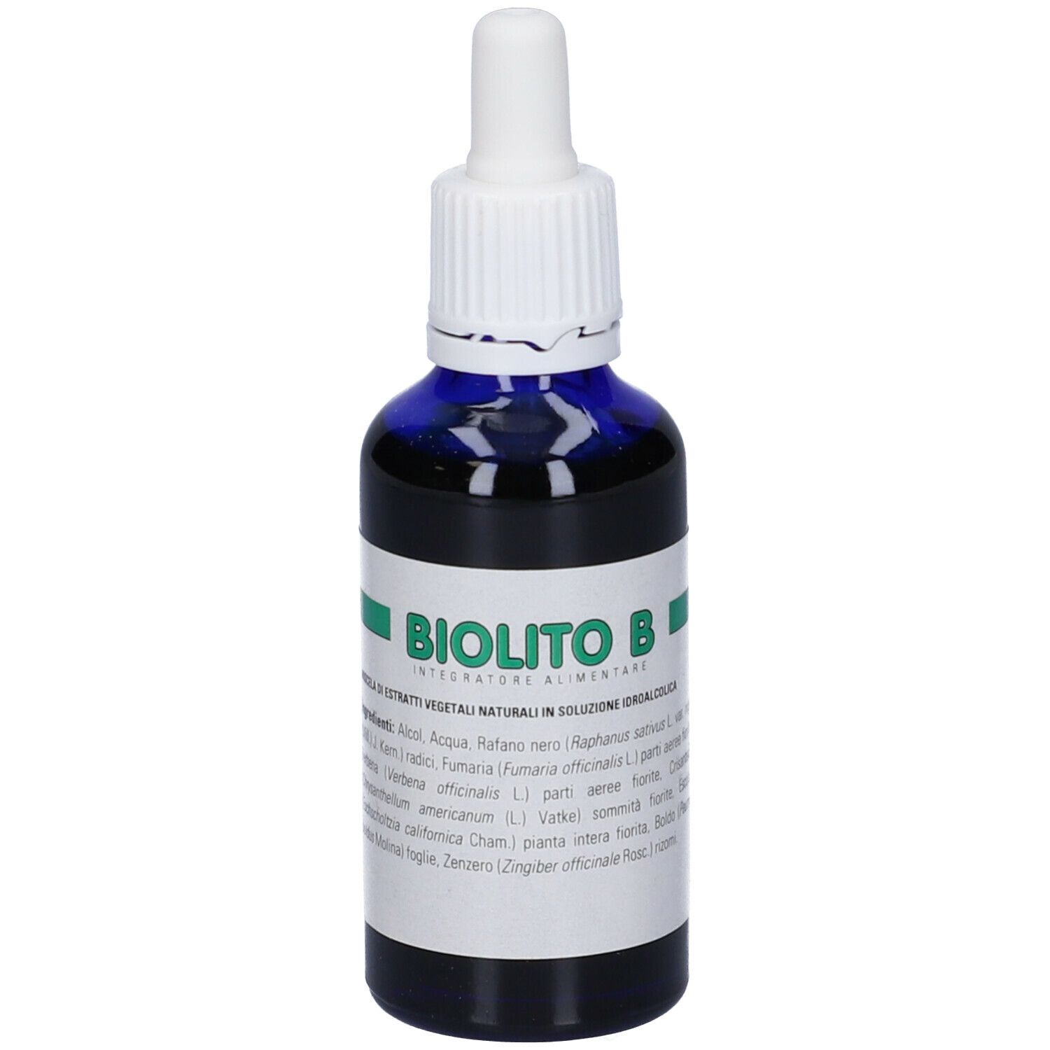 Flacone di vetro blu con contagocce bianco. Scritta: Biolito B. Etichette verdi e bianche.