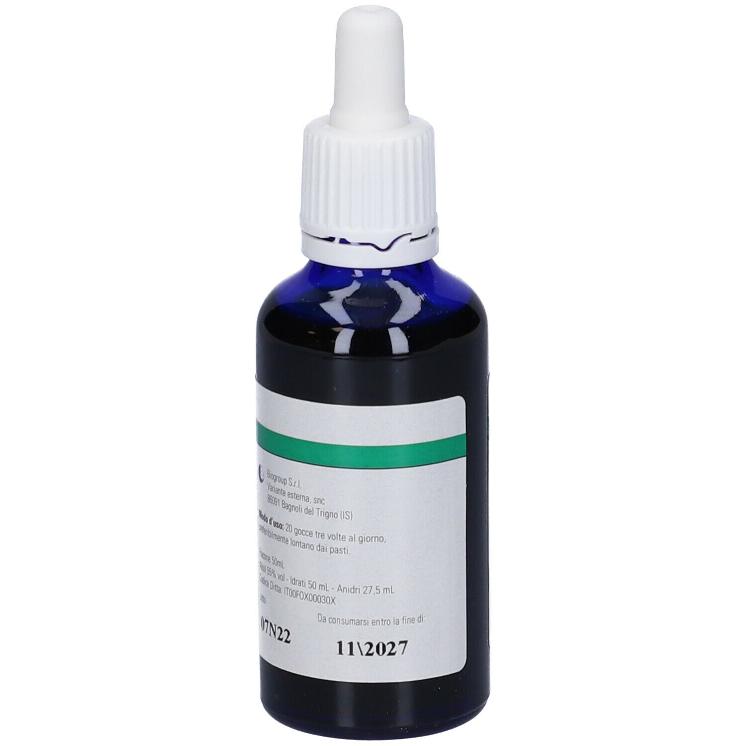 Flacone di vetro blu con contagocce bianco. Scritta: Biolito B. Etichette verdi e bianche.