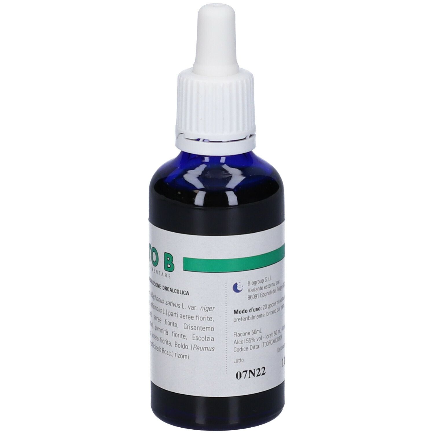 Flacone di vetro blu con contagocce bianco. Scritta: Biolito B. Etichette verdi e bianche.