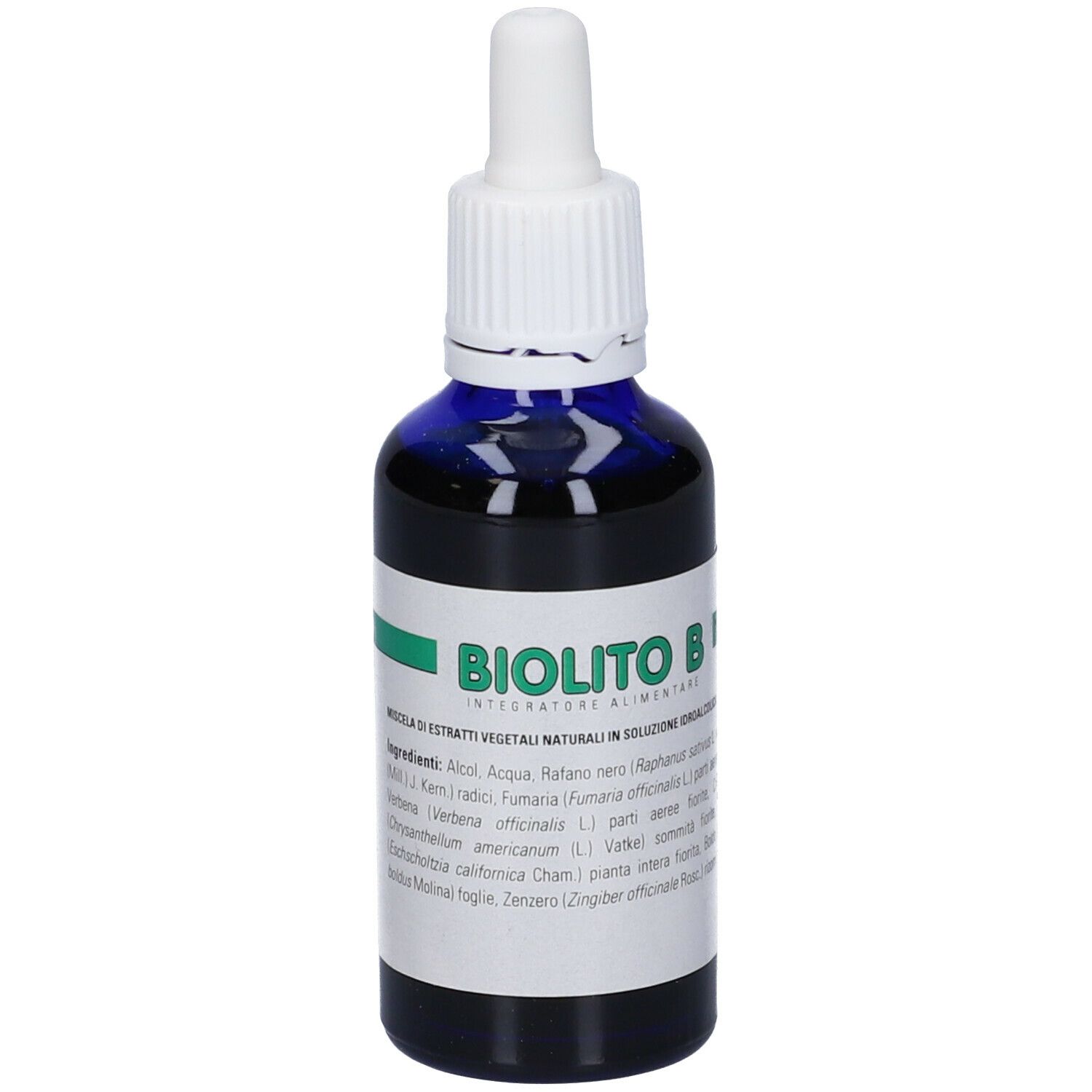Flacone di vetro blu con contagocce bianco. Scritta: Biolito B. Etichette verdi e bianche.