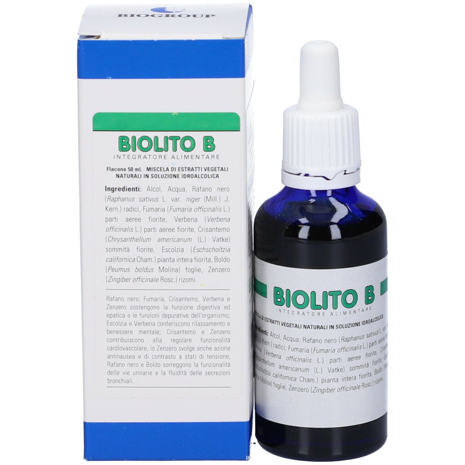 Flacone di vetro e scatola. Scritta: Biolito B, integratore alimentare. Etichette verdi e bianche.