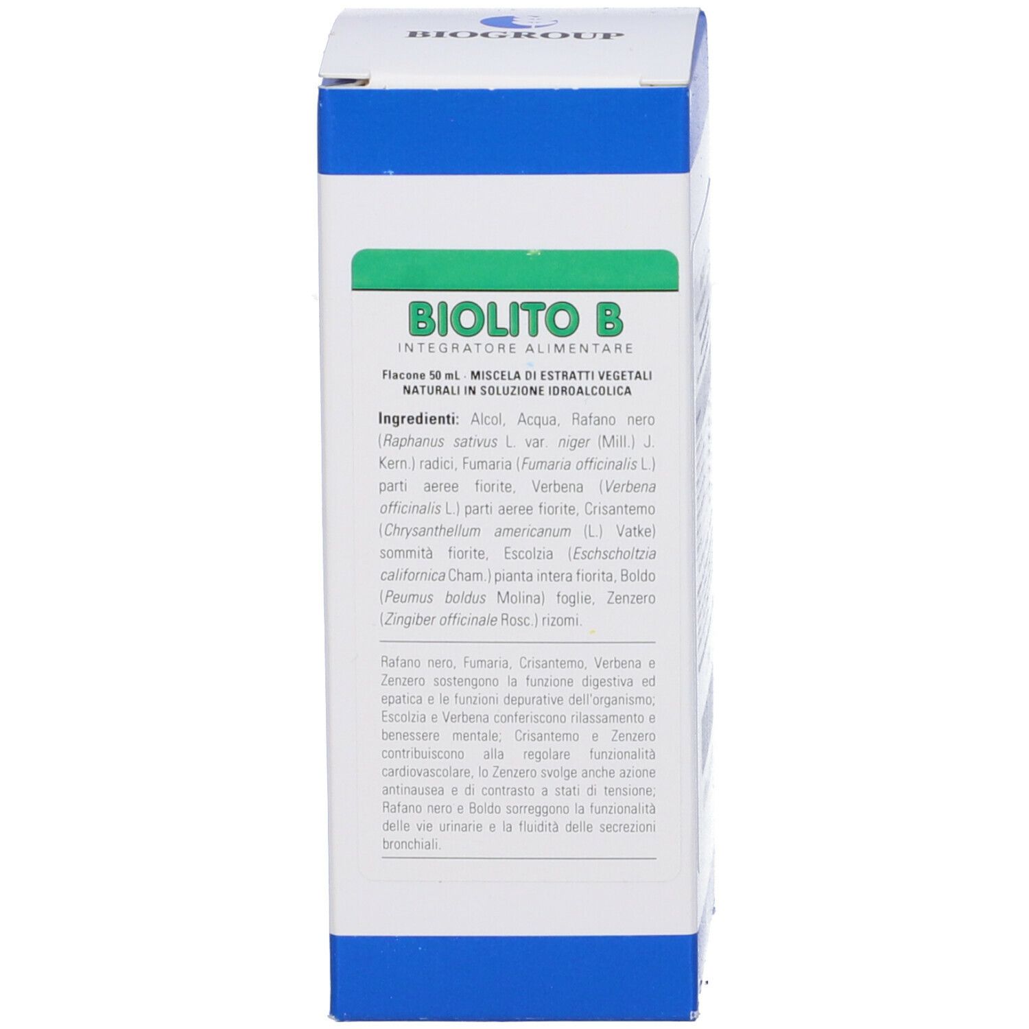 Scatola con informazioni sul prodotto. Scritta: Biolito B, integratore alimentare. Elementi blu e verdi.