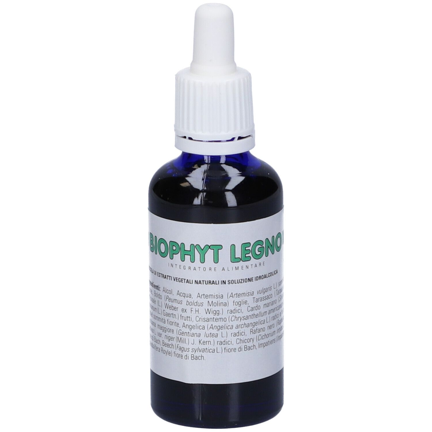 Flacone di vetro blu con contagocce bianco. Scritto: Biophyt Legno. Etichetta con testo in italiano.