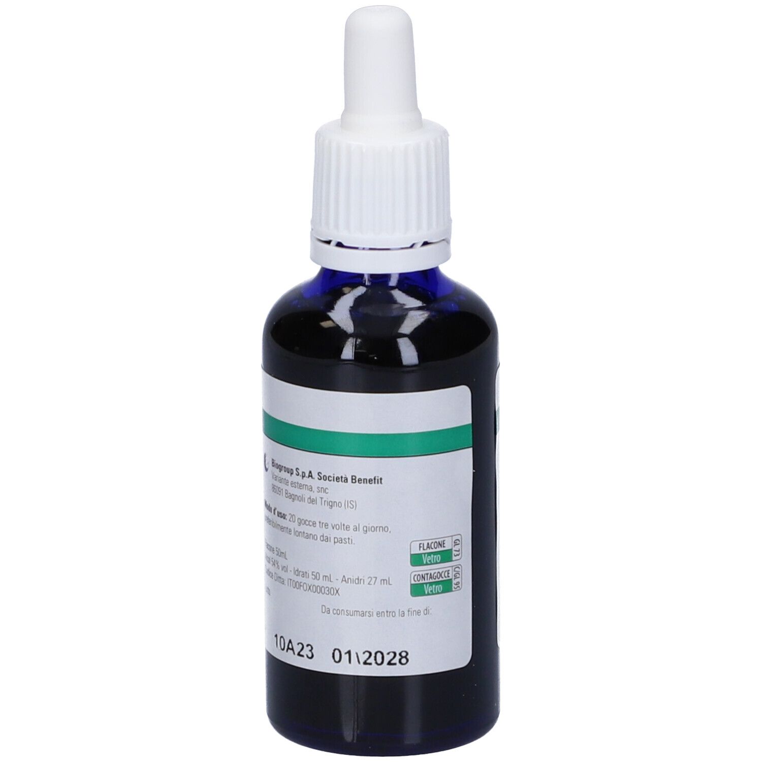 Flacone di vetro blu con contagocce bianco. Scritto: Biophyt Legno. Etichetta con testo in italiano.