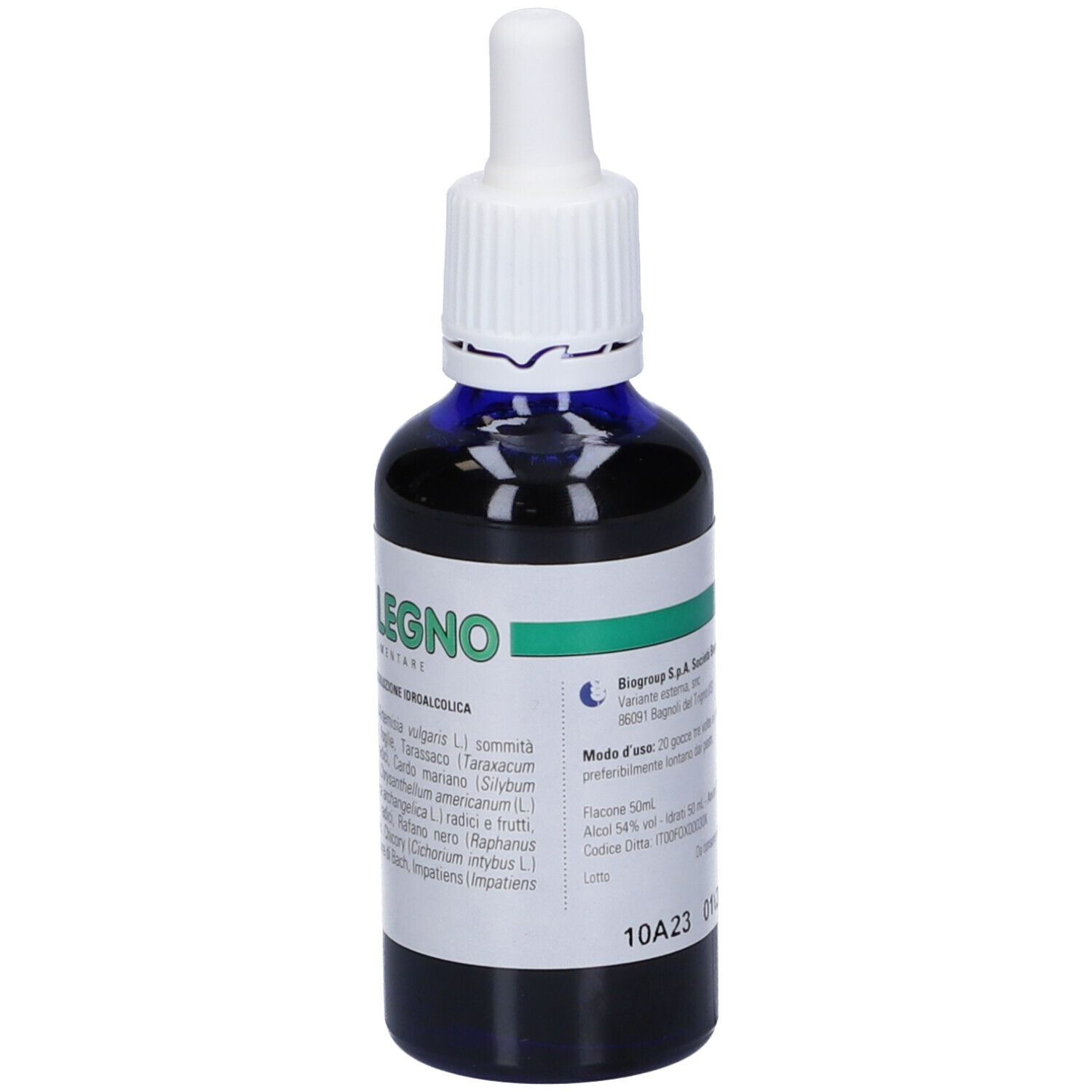 Flacone di vetro blu con contagocce bianco. Scritto: Biophyt Legno. Etichetta con testo in italiano.