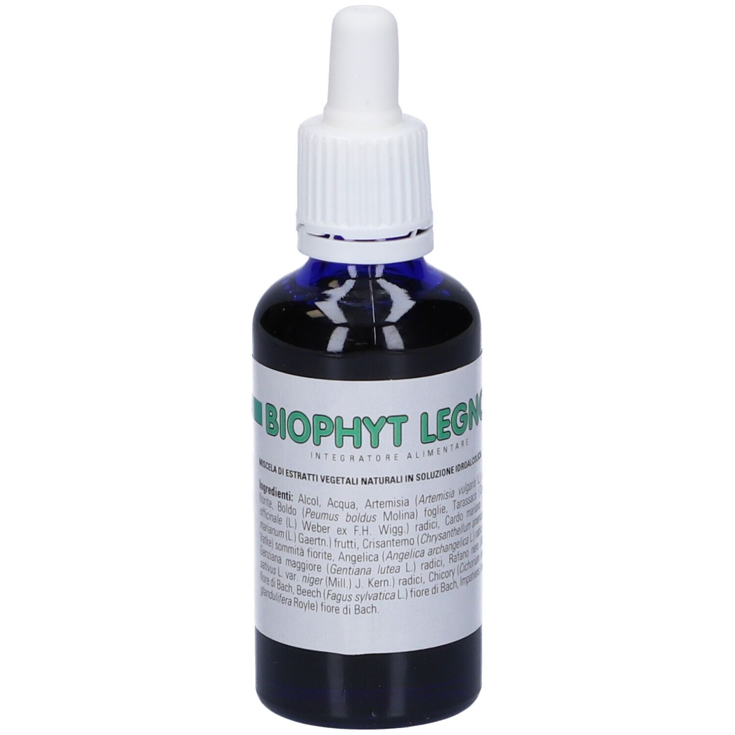 Flacone di vetro blu con contagocce bianco. Scritto: Biophyt Legno. Etichetta con testo in italiano.