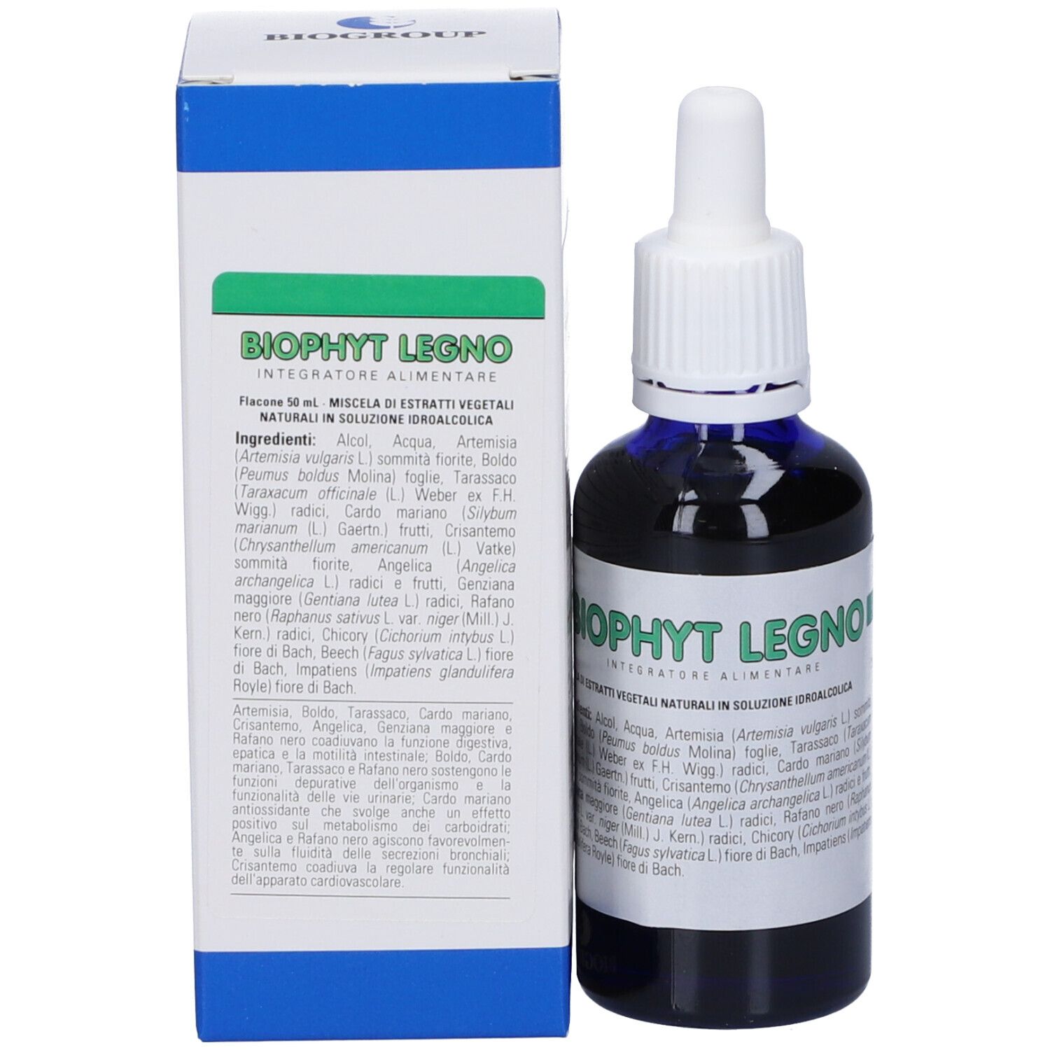Flacone di vetro blu e scatola. Scritto: Biophyt Legno. Etichetta con testo in italiano.