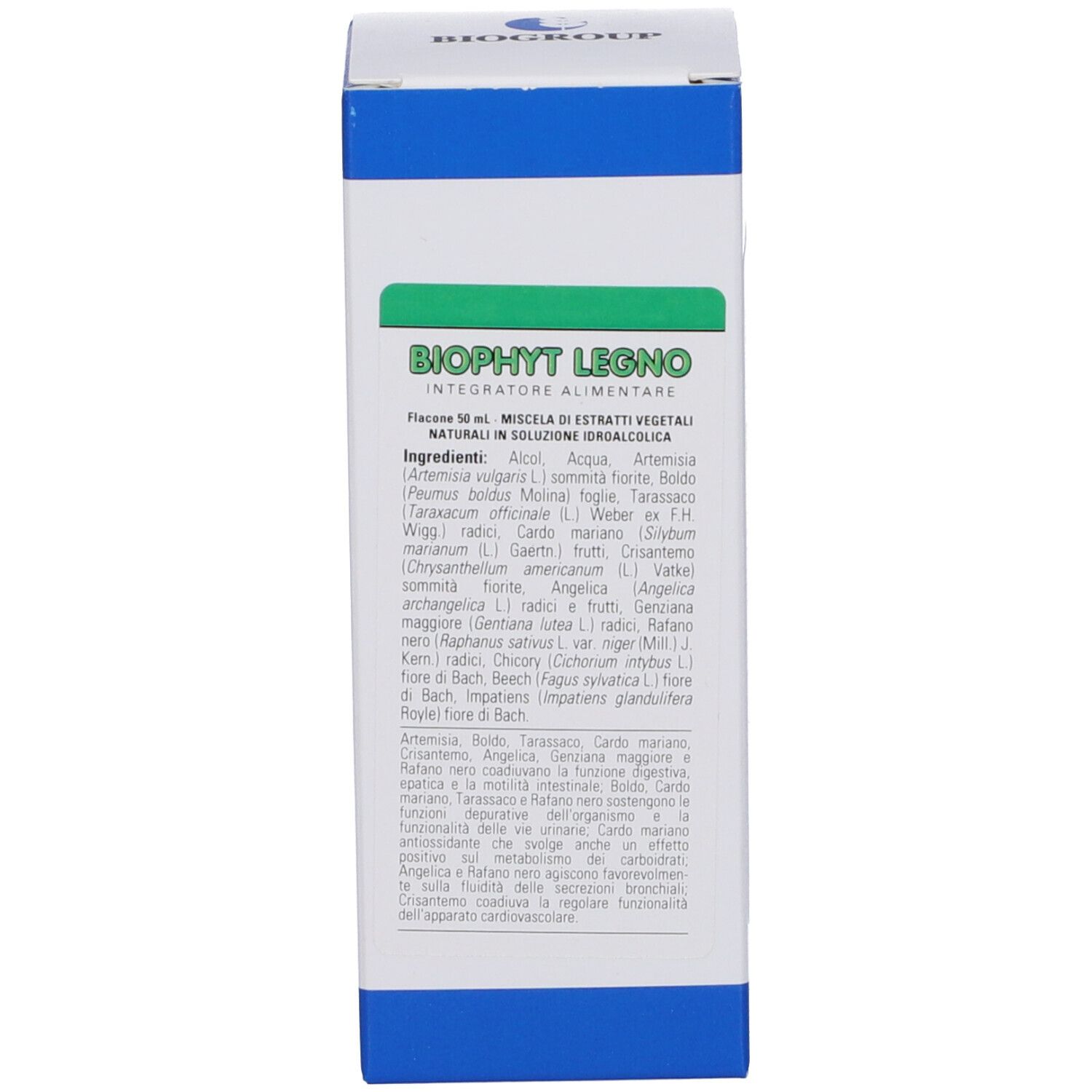 Scatola blu e bianca. Scritto: Biophyt Legno. Testo in italiano. Produttore: Biogroup.