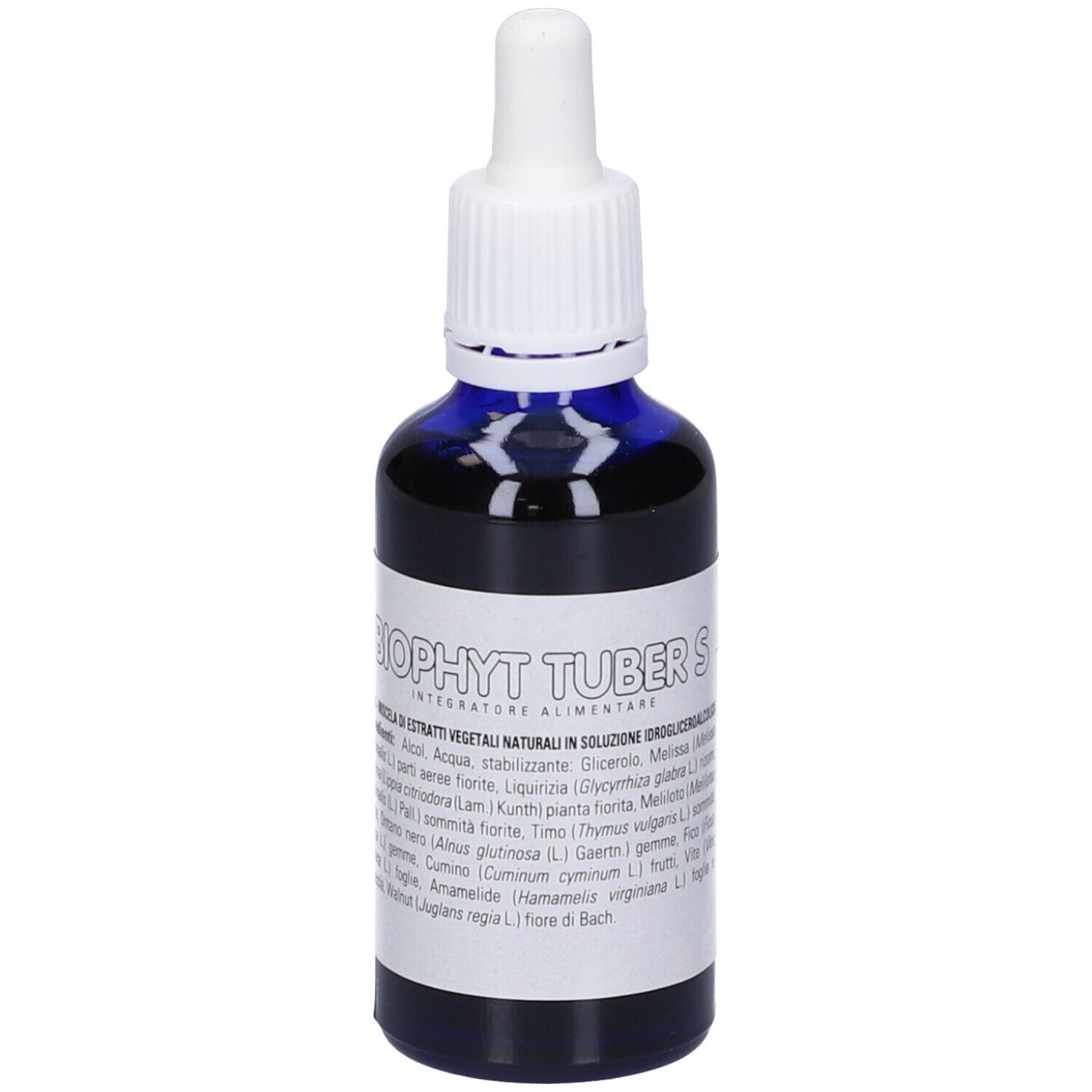 Flacone di vetro blu con contagocce bianco. Scritta: Biophyt Tuber S. Contiene ingredienti.