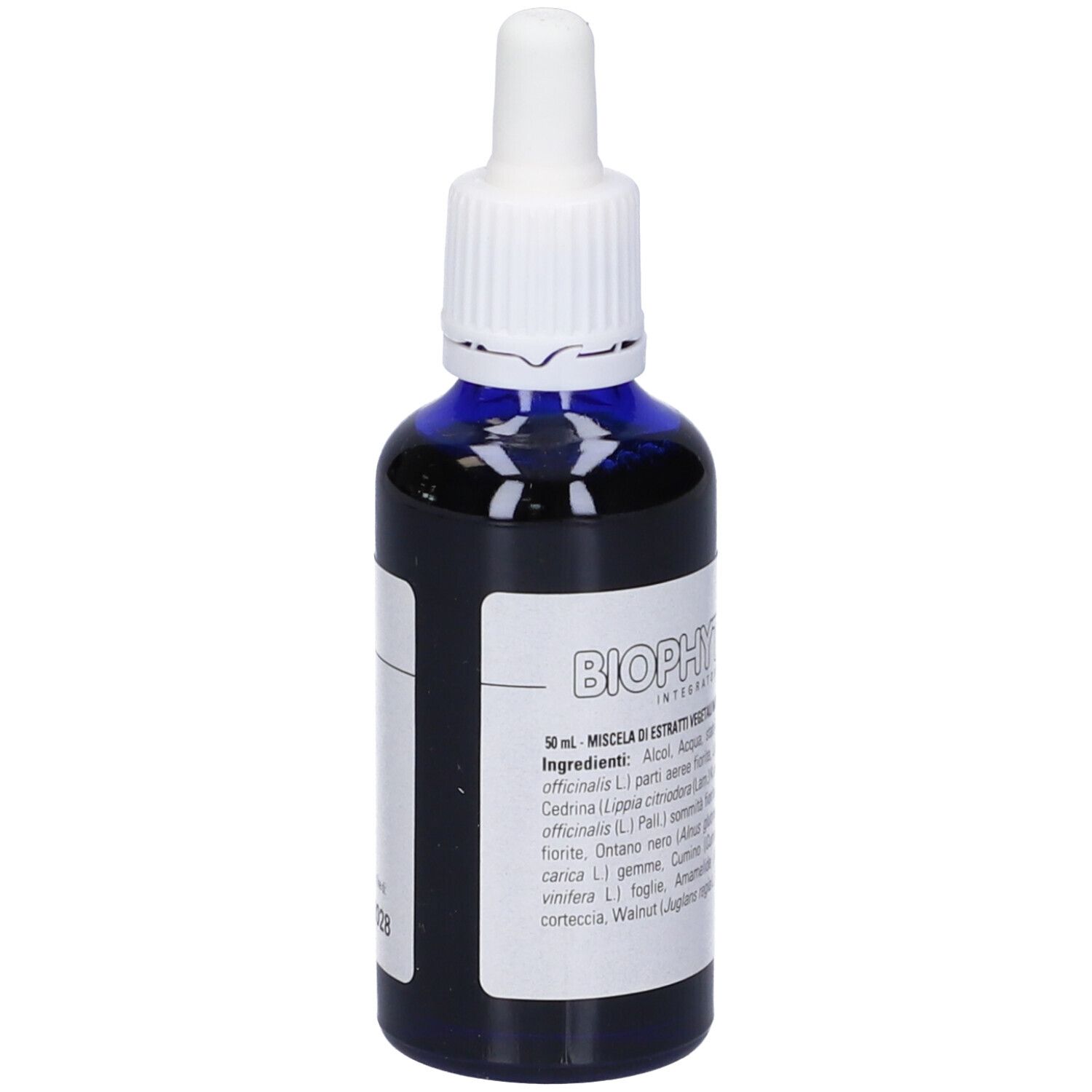 Flacone di vetro blu con contagocce bianco. Scritta: Biophyt Tuber S. Contiene ingredienti.