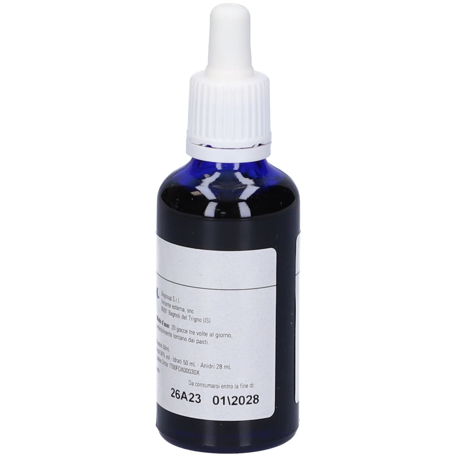 Flacone di vetro blu con contagocce bianco. Scritta: Biophyt Tuber S. Contiene ingredienti.