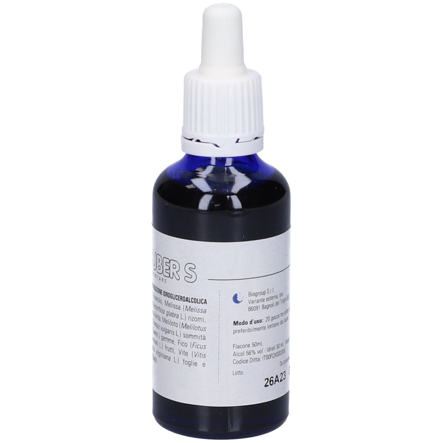 Flacone di vetro blu con contagocce bianco. Scritta: Biophyt Tuber S. Contiene ingredienti.