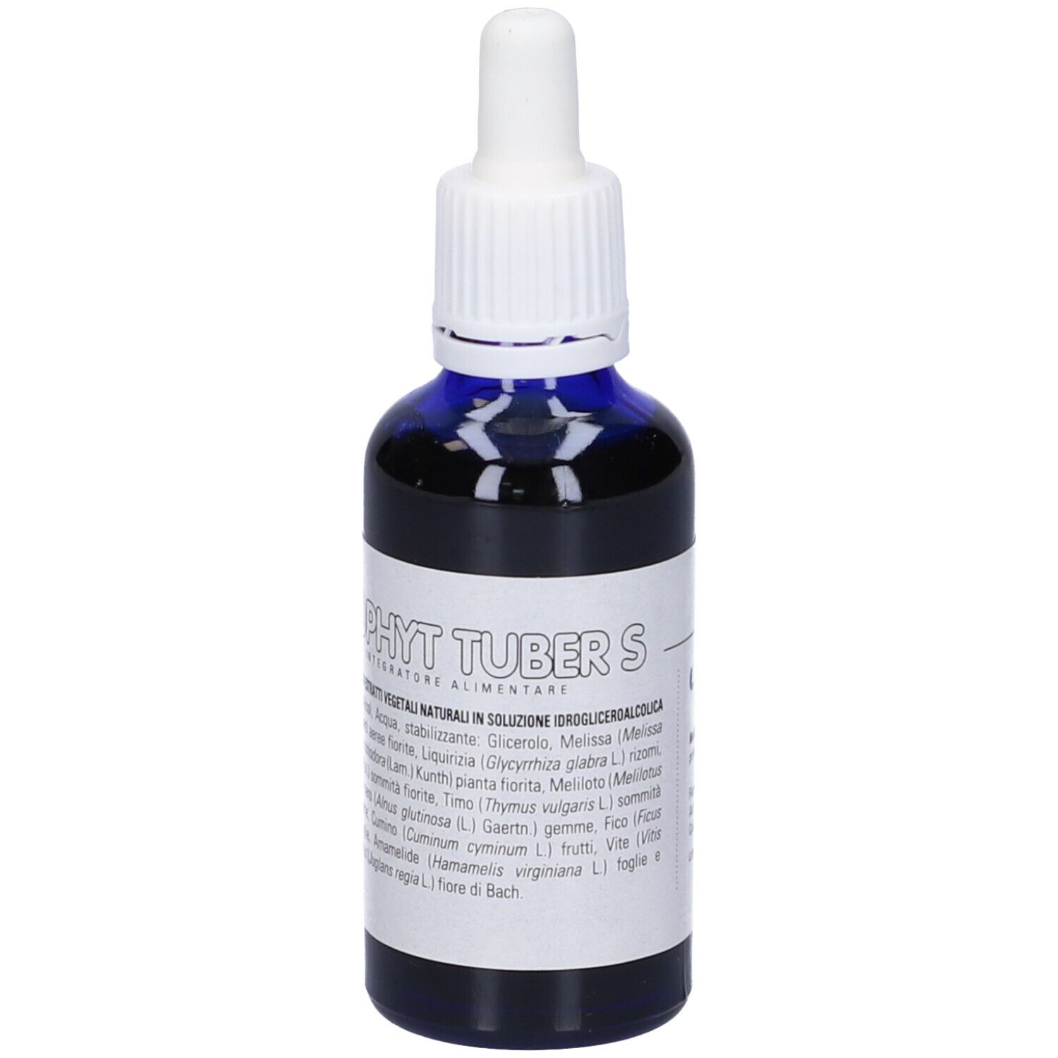 Flacone di vetro blu con contagocce bianco. Scritta: Biophyt Tuber S. Contiene ingredienti.