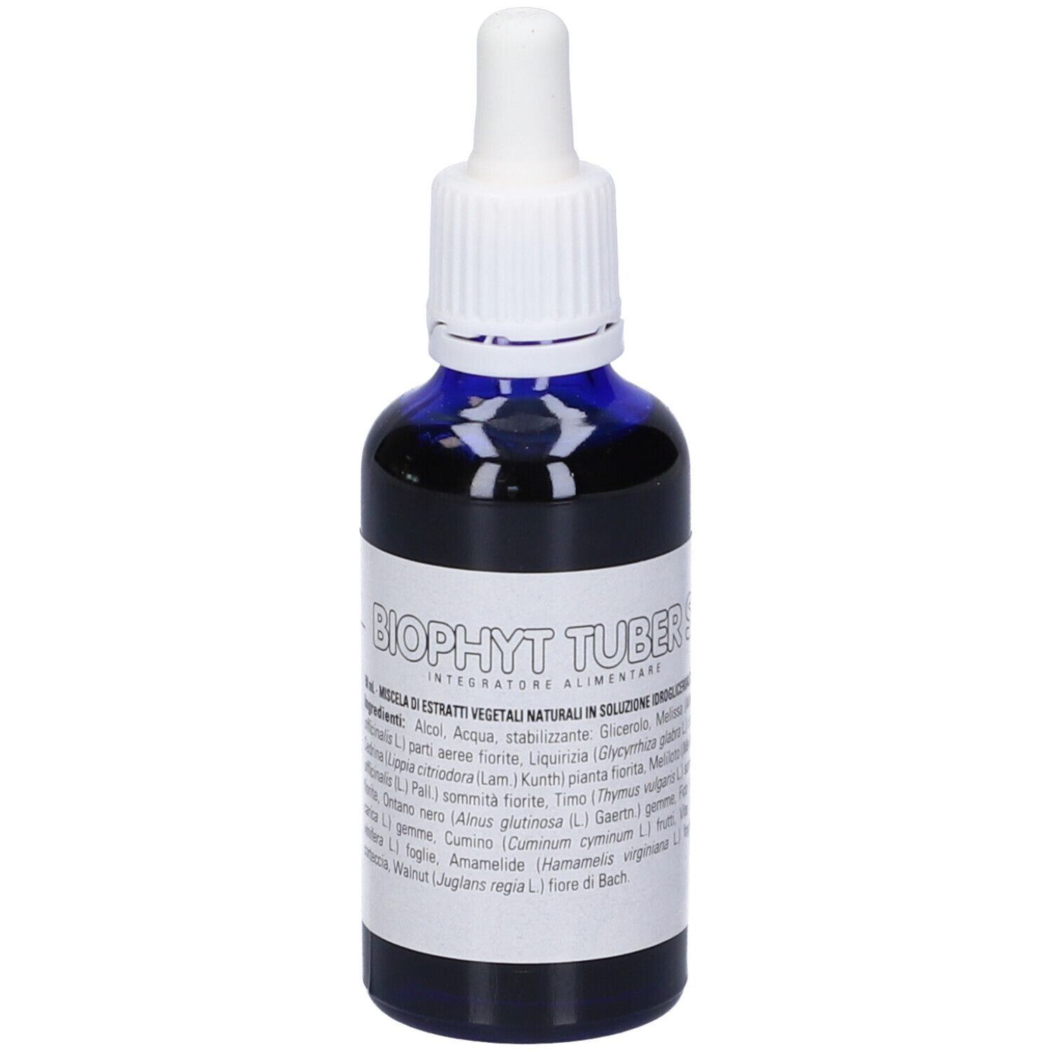 Flacone di vetro blu con contagocce bianco. Scritta: Biophyt Tuber S. Contiene ingredienti.