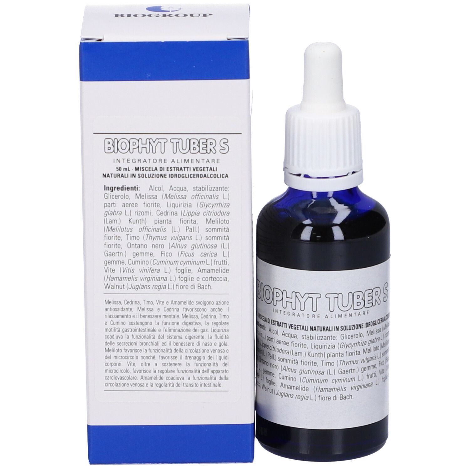 Flacone e confezione del prodotto. Scritta: Biophyt Tuber S. Contiene ingredienti e dosaggio.