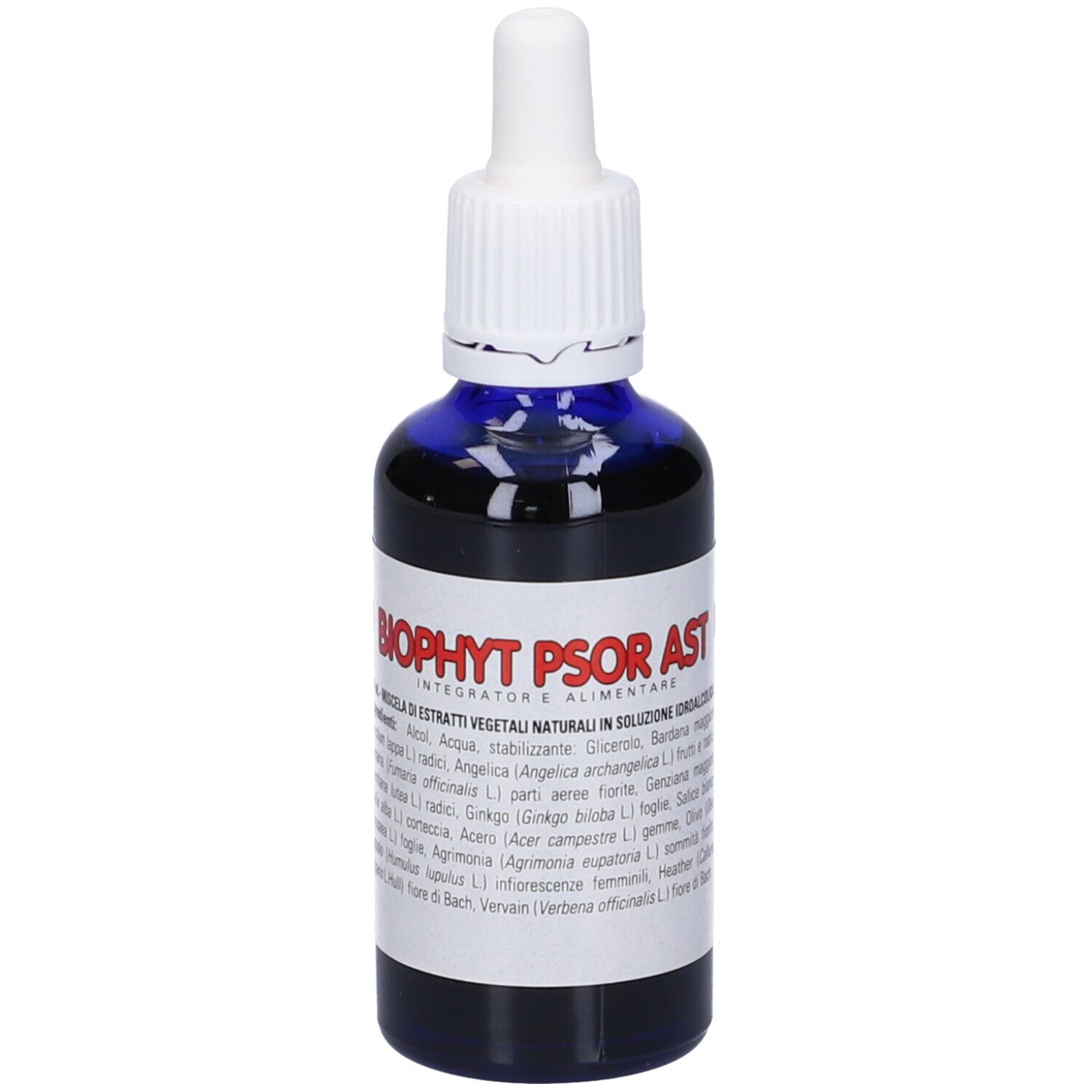 Flacone di vetro blu con contagocce bianco. Etichetta con testo: Biophyt Psor Ast. Liquido blu scuro. Informazioni in italiano.