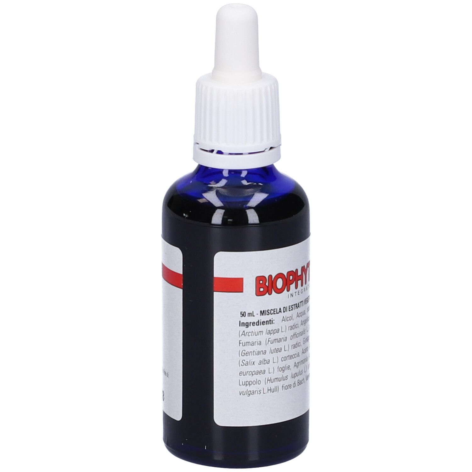 Flacone di vetro blu con contagocce bianco. Etichetta con testo: Biophyt Psor Ast. Striscia rossa. Informazioni in italiano.