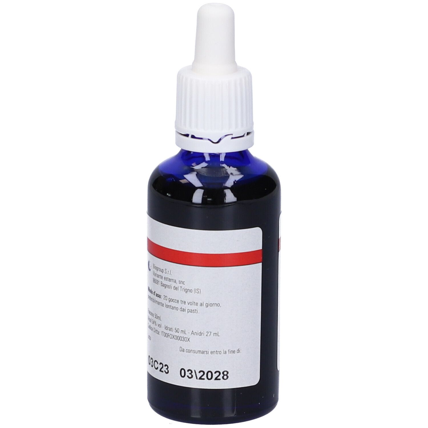 Flacone di vetro blu con contagocce bianco. Etichetta con testo: Biophyt Psor Ast. Striscia rossa. Informazioni in italiano.