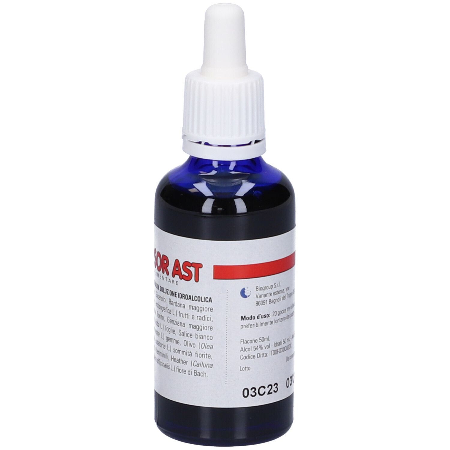 Flacone di vetro blu con contagocce bianco. Etichetta con testo: Biophyt Psor Ast. Striscia rossa. Informazioni in italiano.
