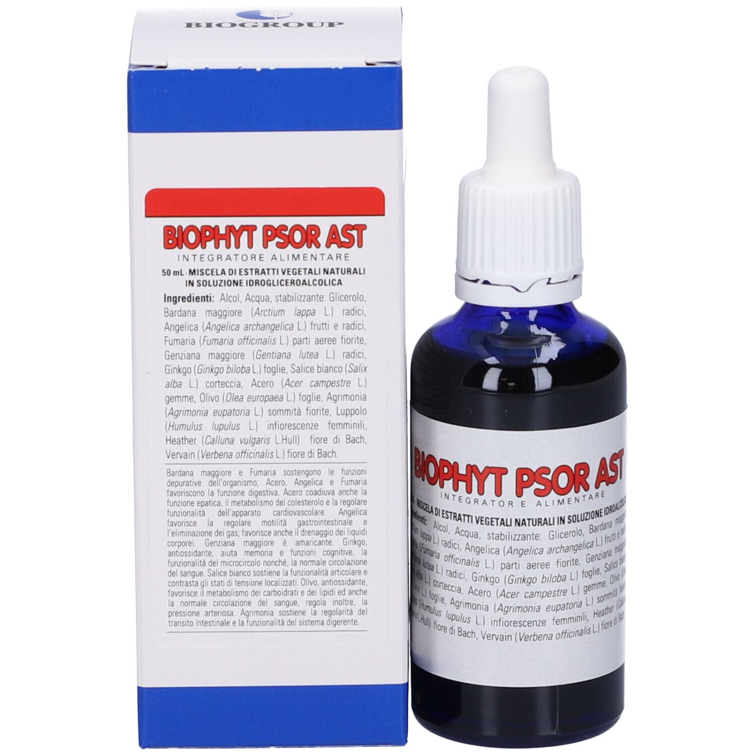 Flacone di vetro blu con contagocce bianco e scatola. Etichetta con testo: Biophyt Psor Ast. Informazioni in italiano.