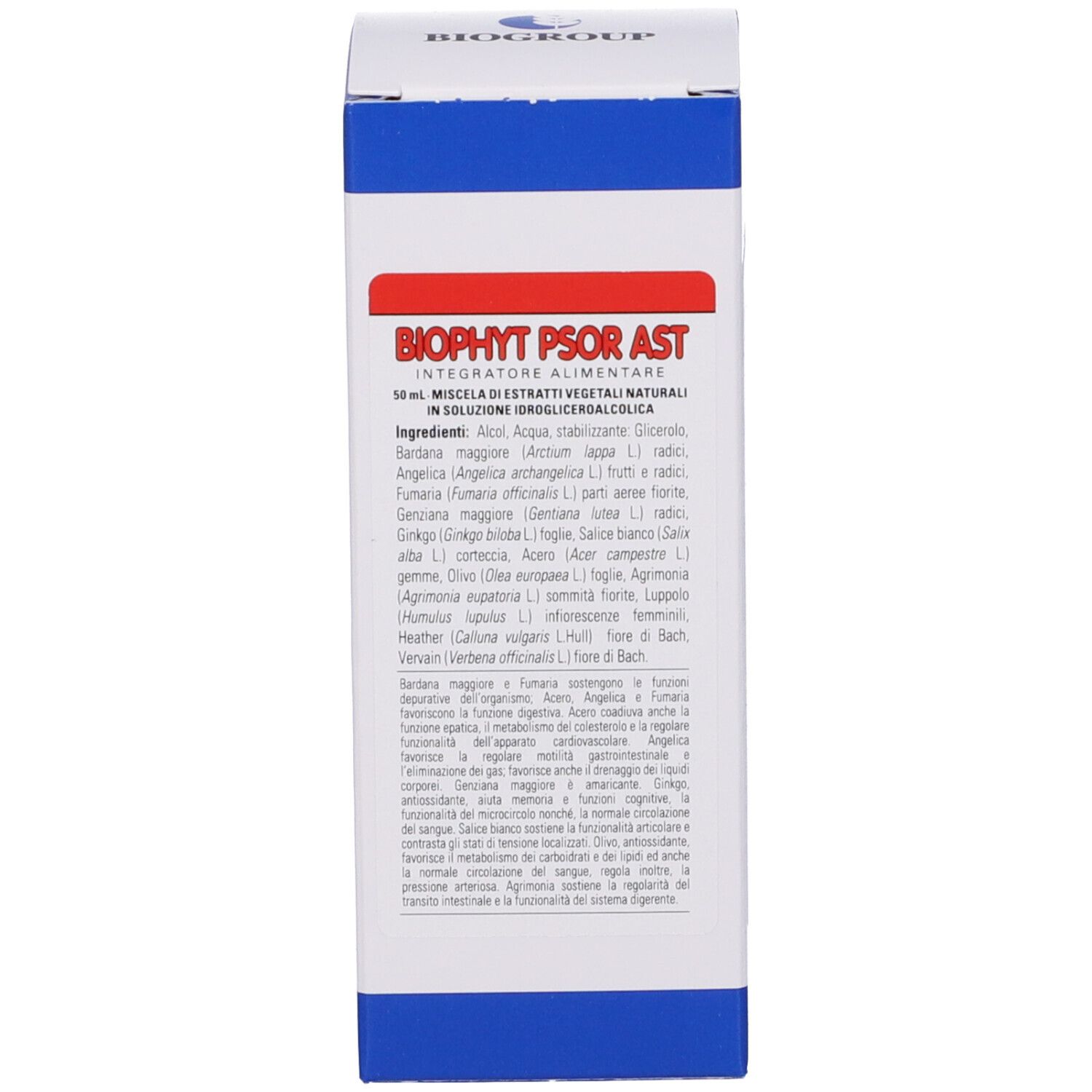 Scatola con stampa del prodotto. Testo: Biophyt Psor Ast, 50 ml, soluzione. Accenti blu e rossi. Informazioni in italiano.