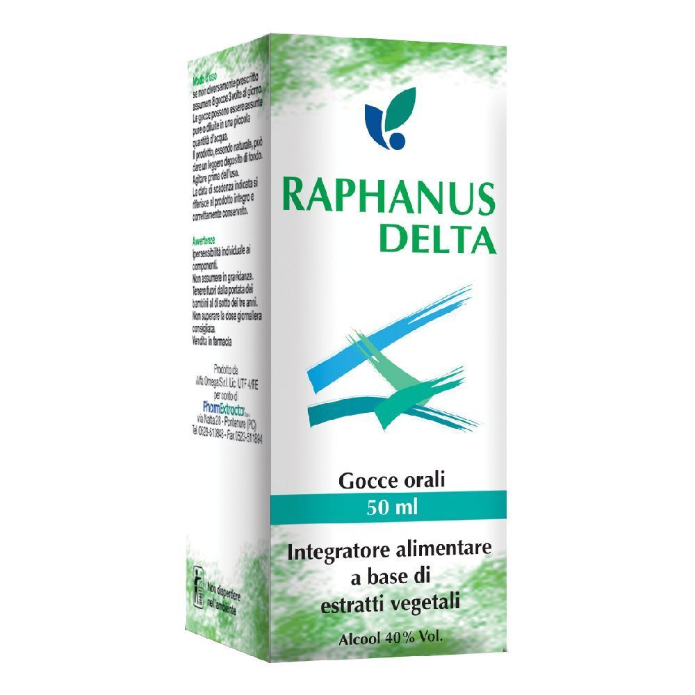 Scatola Raphanus Delta. Scritto: Gocce orali, 50 ml, Integratore alimentare a base di estratti vegetali. Alcool 40% Vol.