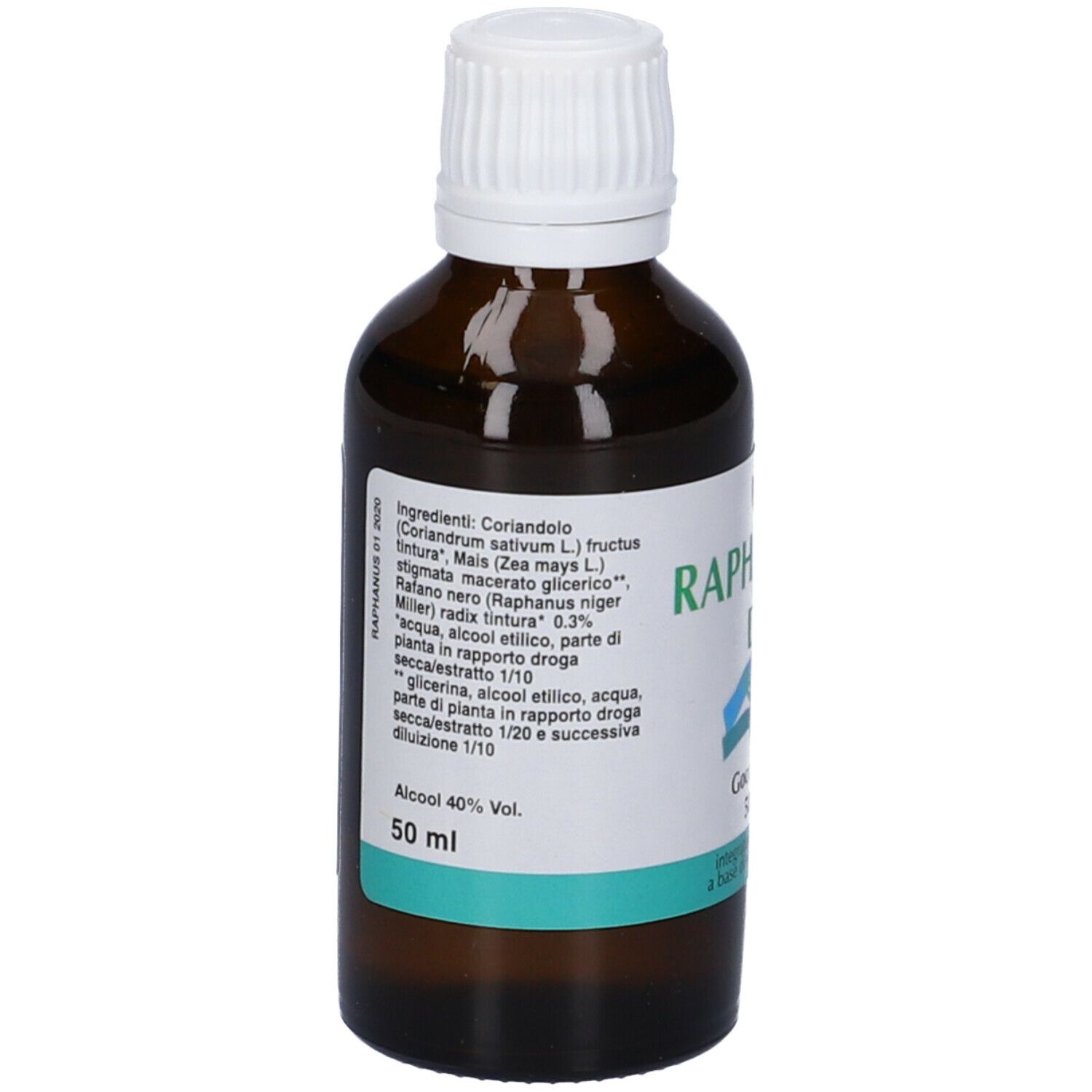 Flacone di vetro marrone con tappo bianco. Scritto: Raphanus Delta, Gocce orali, 50 ml. Elenco ingredienti e alcool 40% Vol.