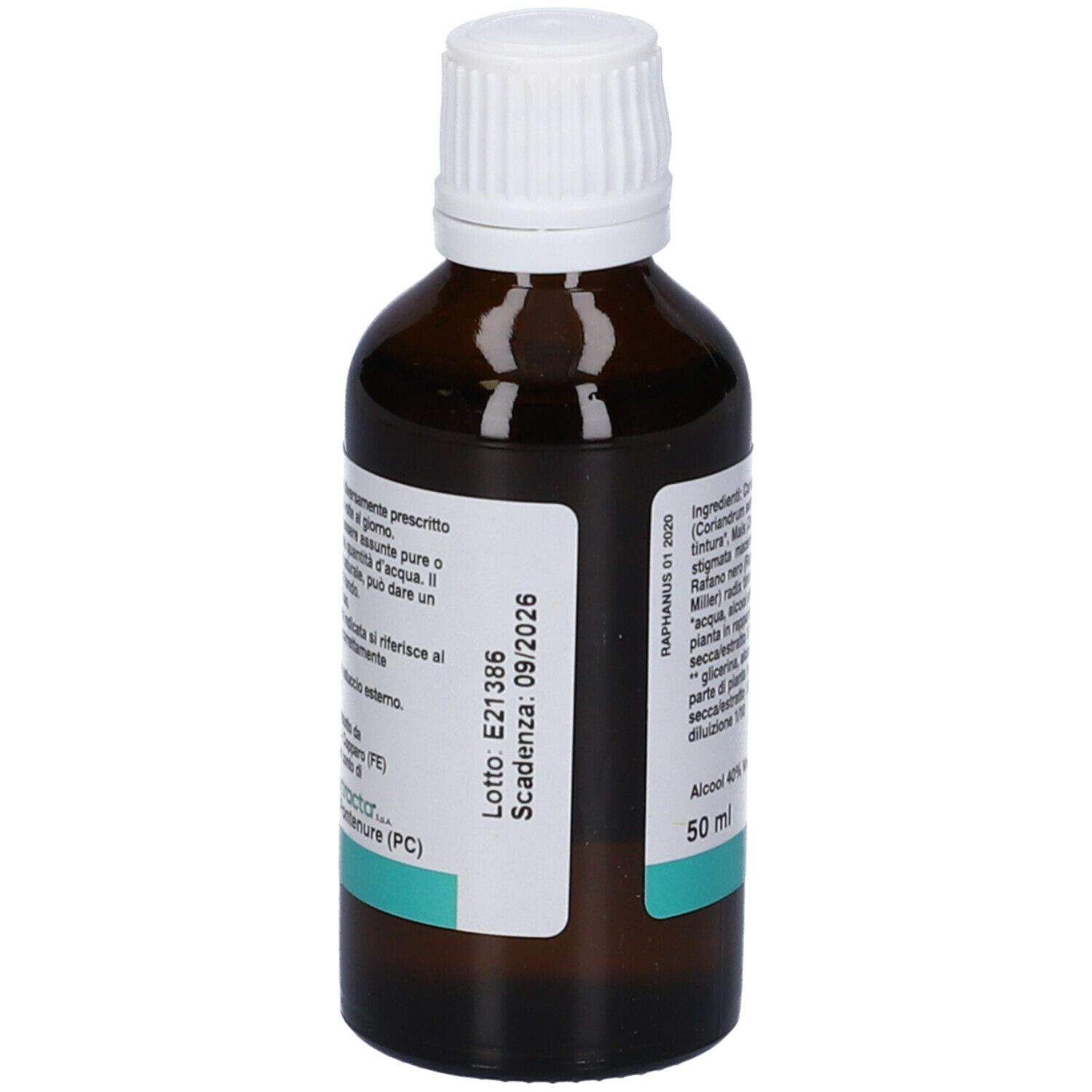 Flacone marrone con tappo bianco. Scritto: Raphanus Delta, Gocce orali, 50 ml. Elenco ingredienti e scadenza 09/2026.
