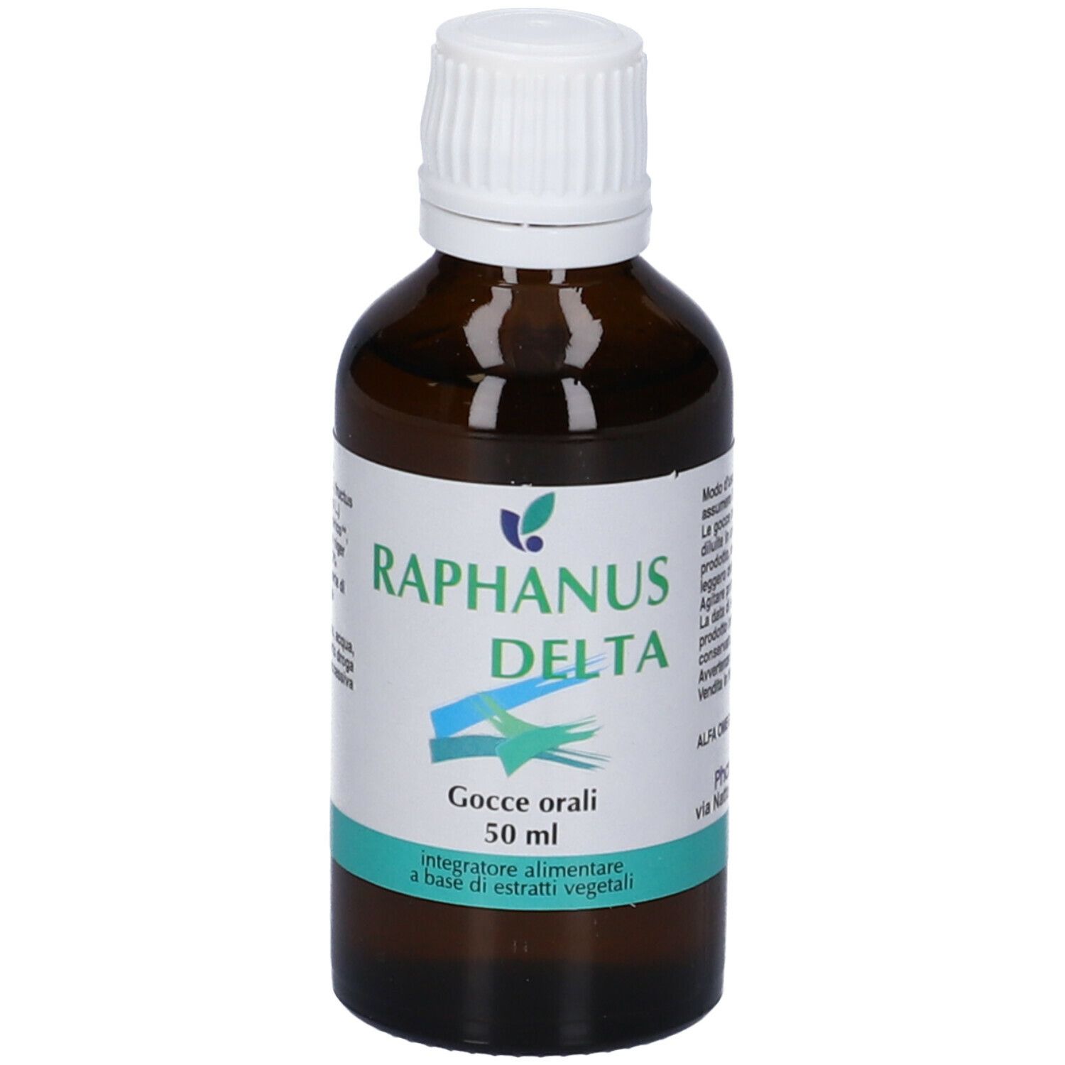 Flacone marrone con tappo bianco. Scritto: Raphanus Delta, Gocce orali, 50 ml, Integratore alimentare a base di estratti vegetali.