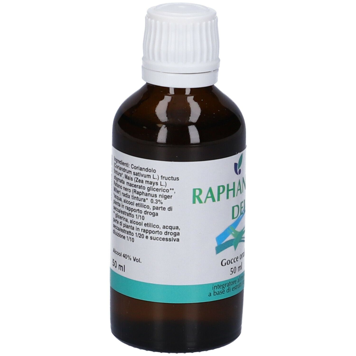 Flacone marrone con tappo bianco. Scritto: Raphanus Delta, Gocce orali, 50 ml. Elenco ingredienti e alcool 40% Vol.
