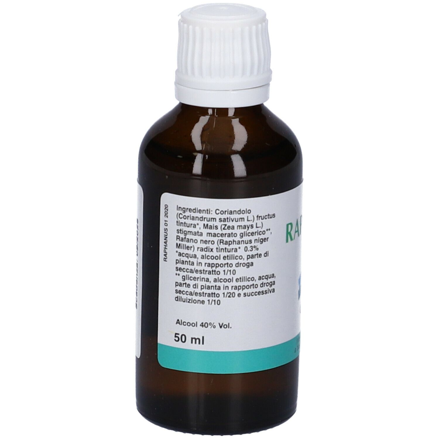 Flacone marrone con tappo bianco. Scritto: Raphanus Delta, Gocce orali, 50 ml. Elenco ingredienti e alcool 40% Vol.