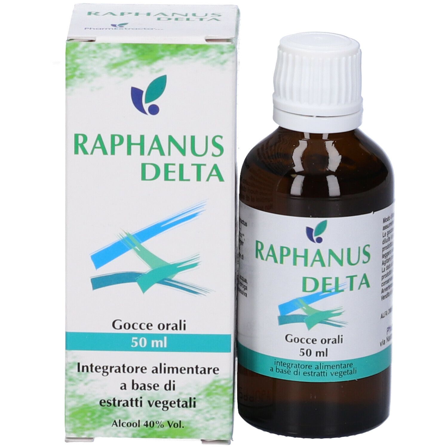 Confezione e flacone. Scritto: Raphanus Delta, Gocce orali, 50 ml, Integratore alimentare a base di estratti vegetali.