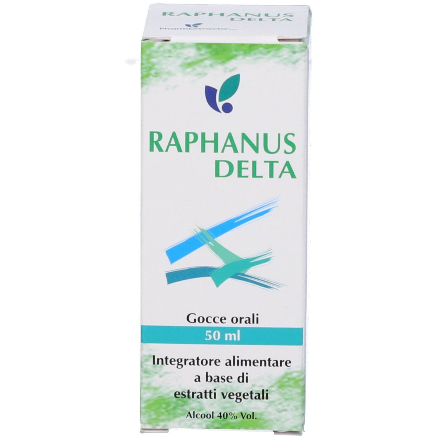 Confezione del prodotto. Scritto: Raphanus Delta, Gocce orali, 50 ml, Integratore alimentare a base di estratti vegetali. Alcool 40% Vol.