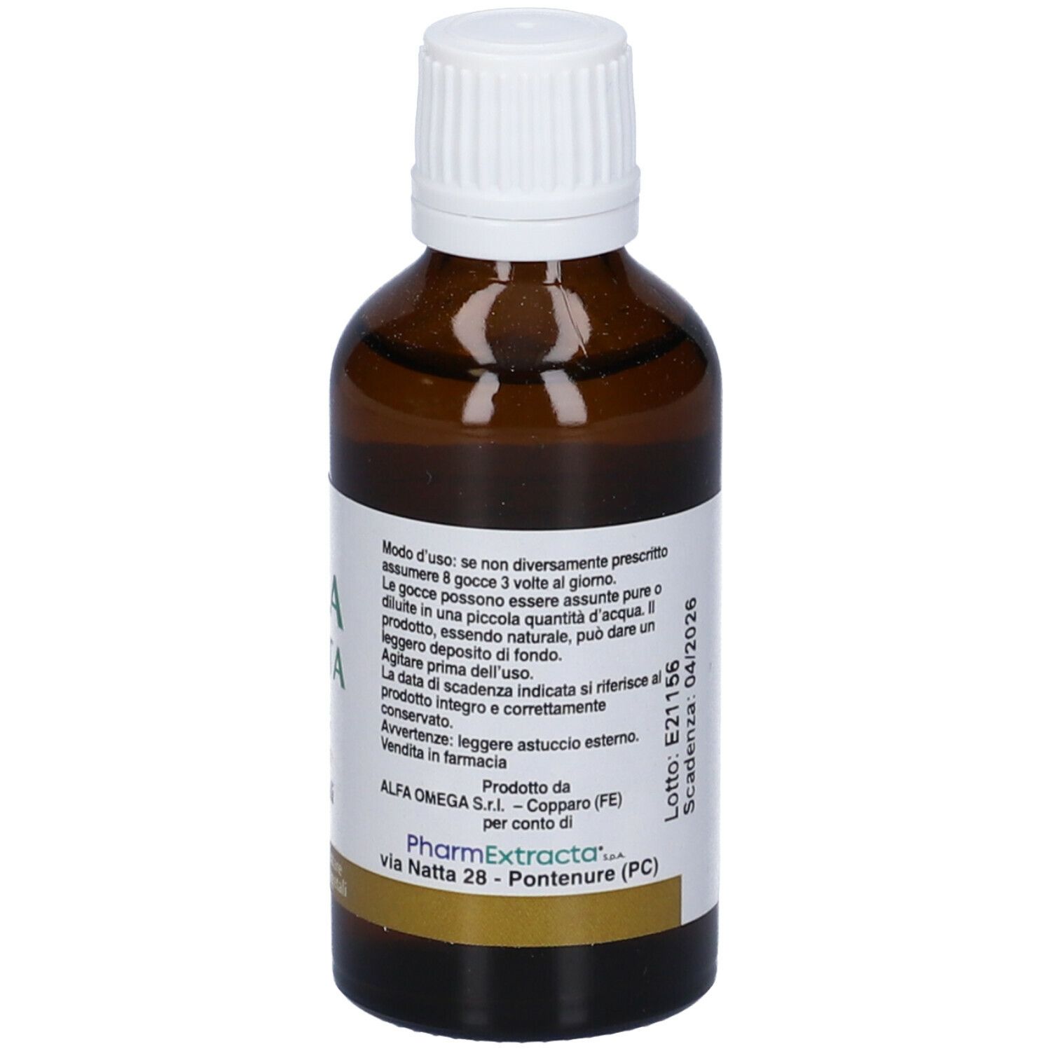 Flacone in vetro marrone con tappo bianco. Etichetta con informazioni sul prodotto e data di scadenza. 50 ml.