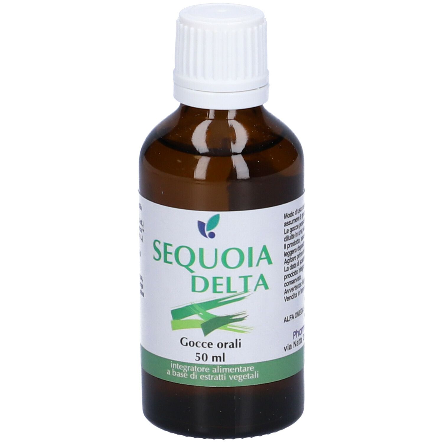 Flacone di vetro marrone con tappo bianco. Scritto: Sequoia Delta, Gocce orali, 50 ml. Integratore alimentare a base di estratti vegetali.