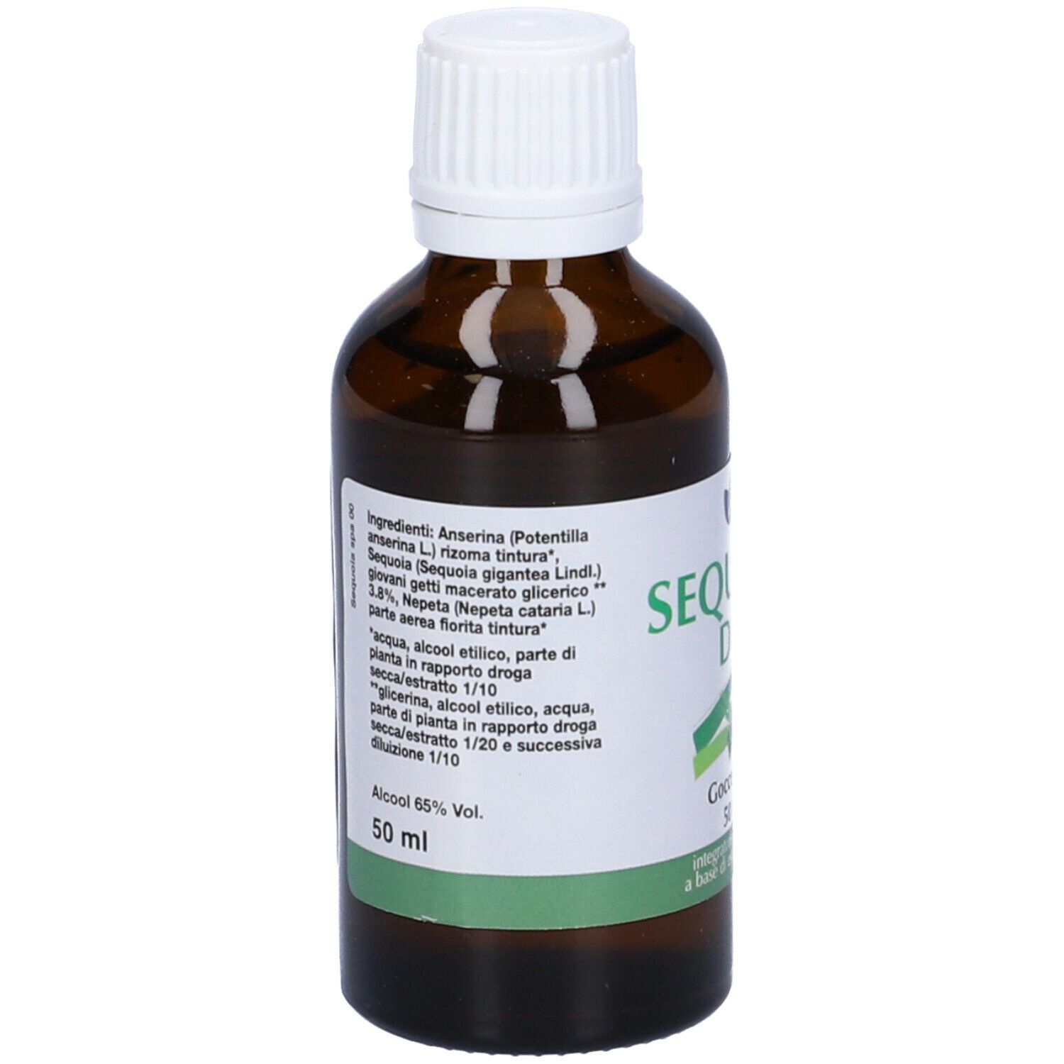 Flacone di vetro marrone con tappo bianco. Scritto: Sequoia Delta, Gocce orali, 50 ml. Etichetta con ingredienti.