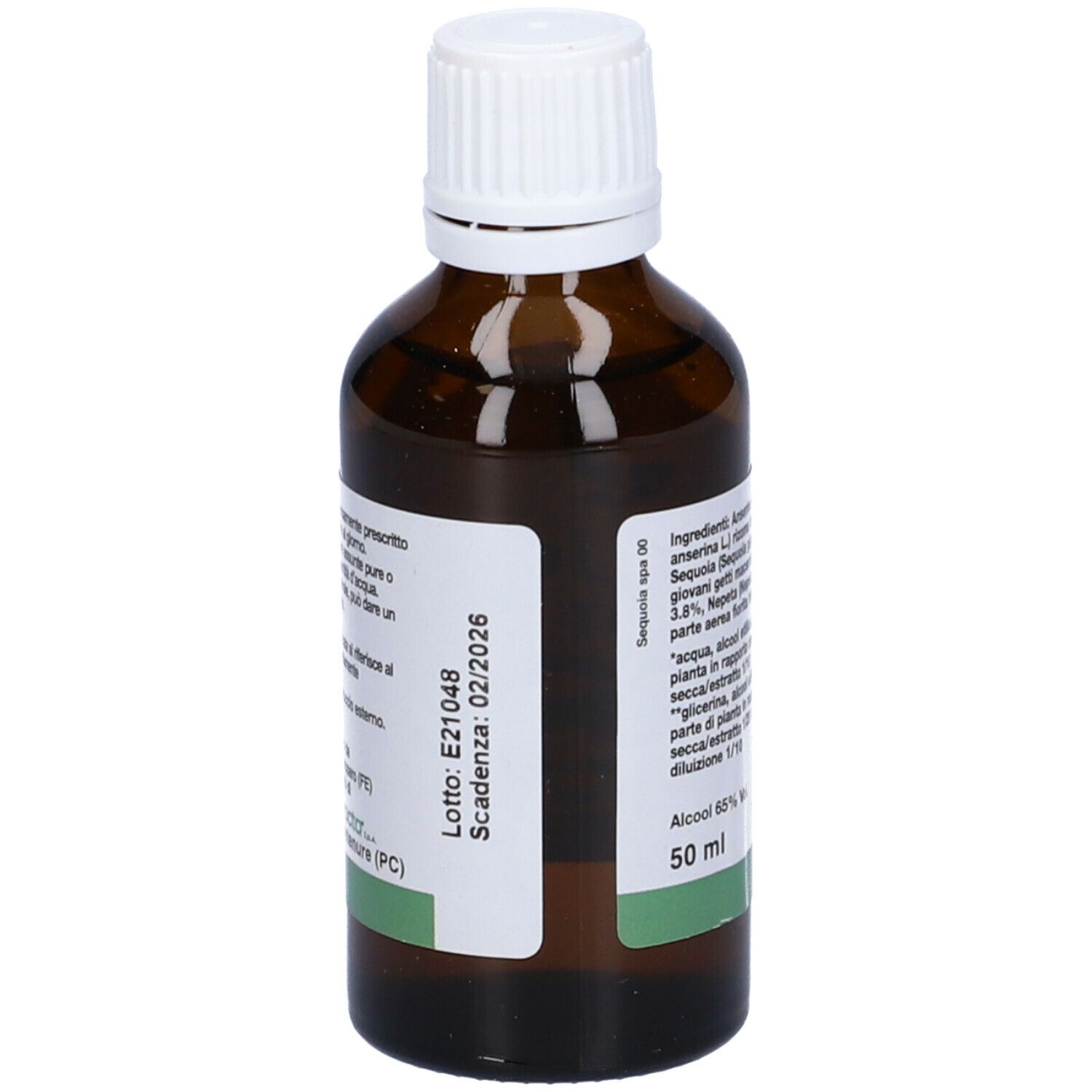 Flacone di vetro marrone con tappo bianco. Scritto: Sequoia Delta, Gocce orali, 50 ml. Etichetta con ingredienti e scadenza.