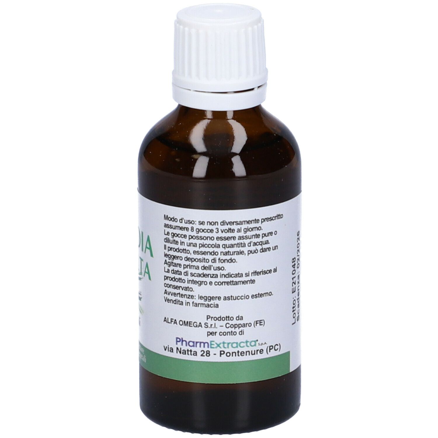 Flacone di vetro marrone con tappo bianco. Scritto: Sequoia Delta, Gocce orali, 50 ml. Etichetta con istruzioni per l'uso.