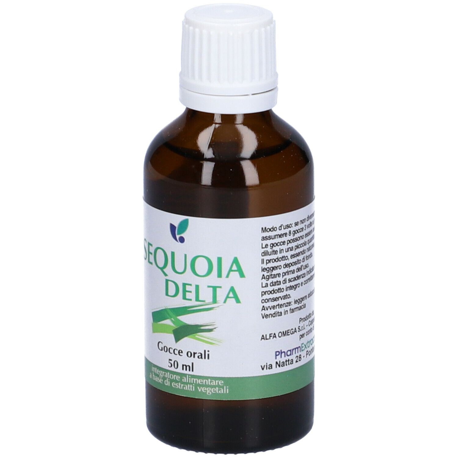 Flacone di vetro marrone con tappo bianco. Scritto: Sequoia Delta, Gocce orali, 50 ml. Etichetta con istruzioni e produttore.