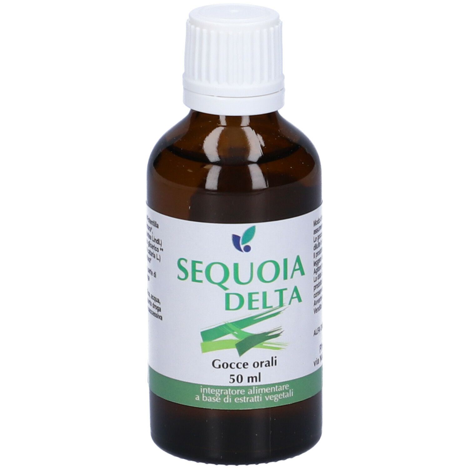 Flacone di vetro marrone con tappo bianco. Scritto: Sequoia Delta, Gocce orali, 50 ml. Etichetta con istruzioni per l'uso.