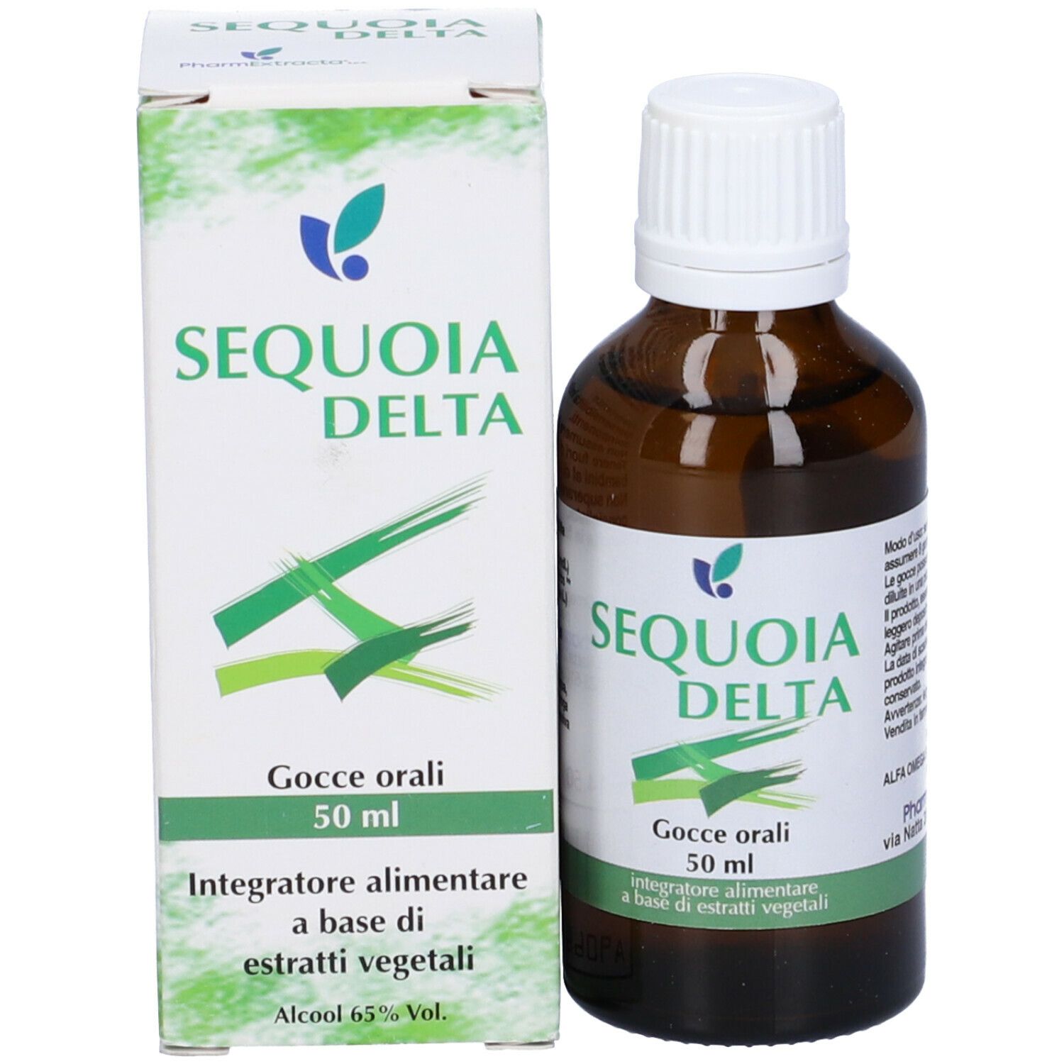 Flacone di vetro marrone e scatola. Scritto: Sequoia Delta, Gocce orali, 50 ml. Integratore alimentare a base di estratti vegetali.