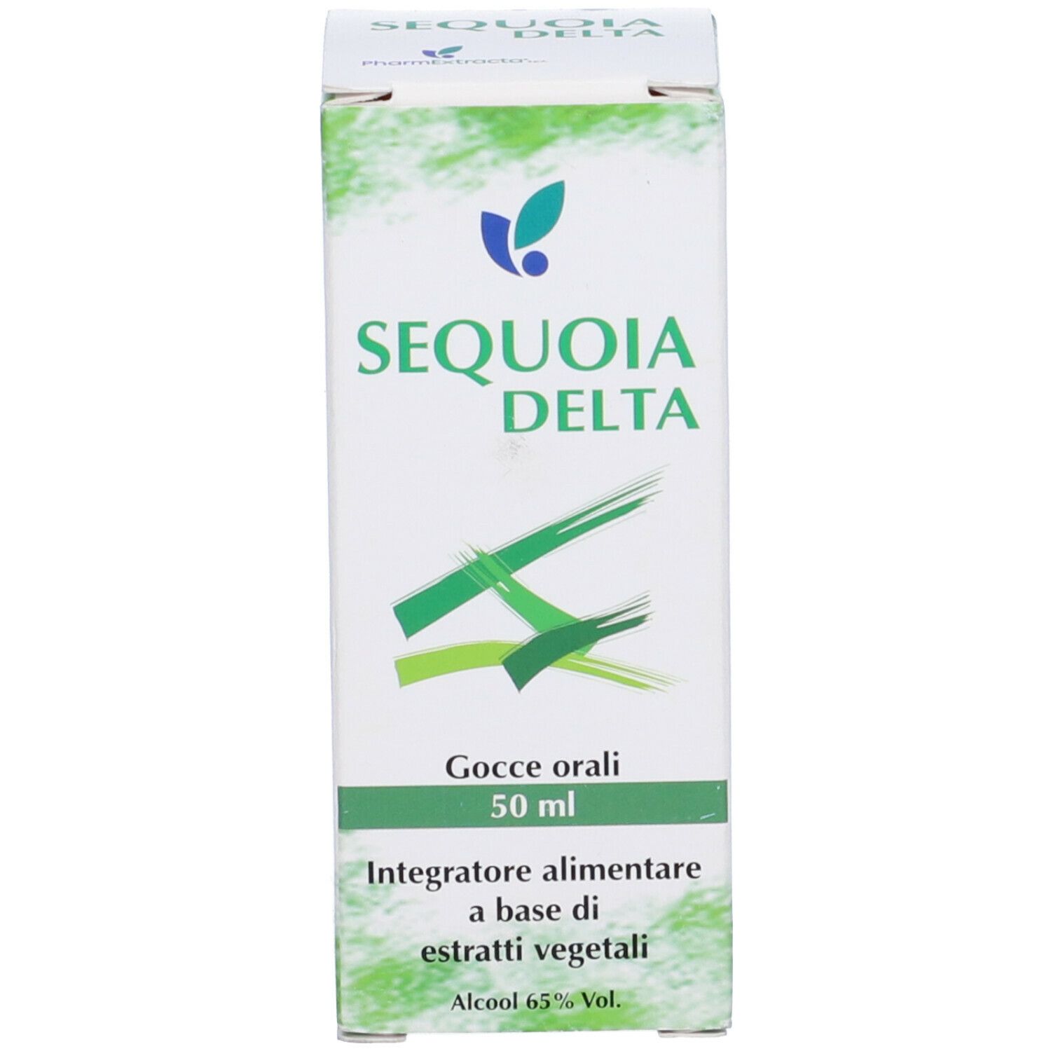 Scatola di Sequoia Delta. Scritto: Gocce orali, 50 ml. Integratore alimentare a base di estratti vegetali. Alcool 65% Vol.