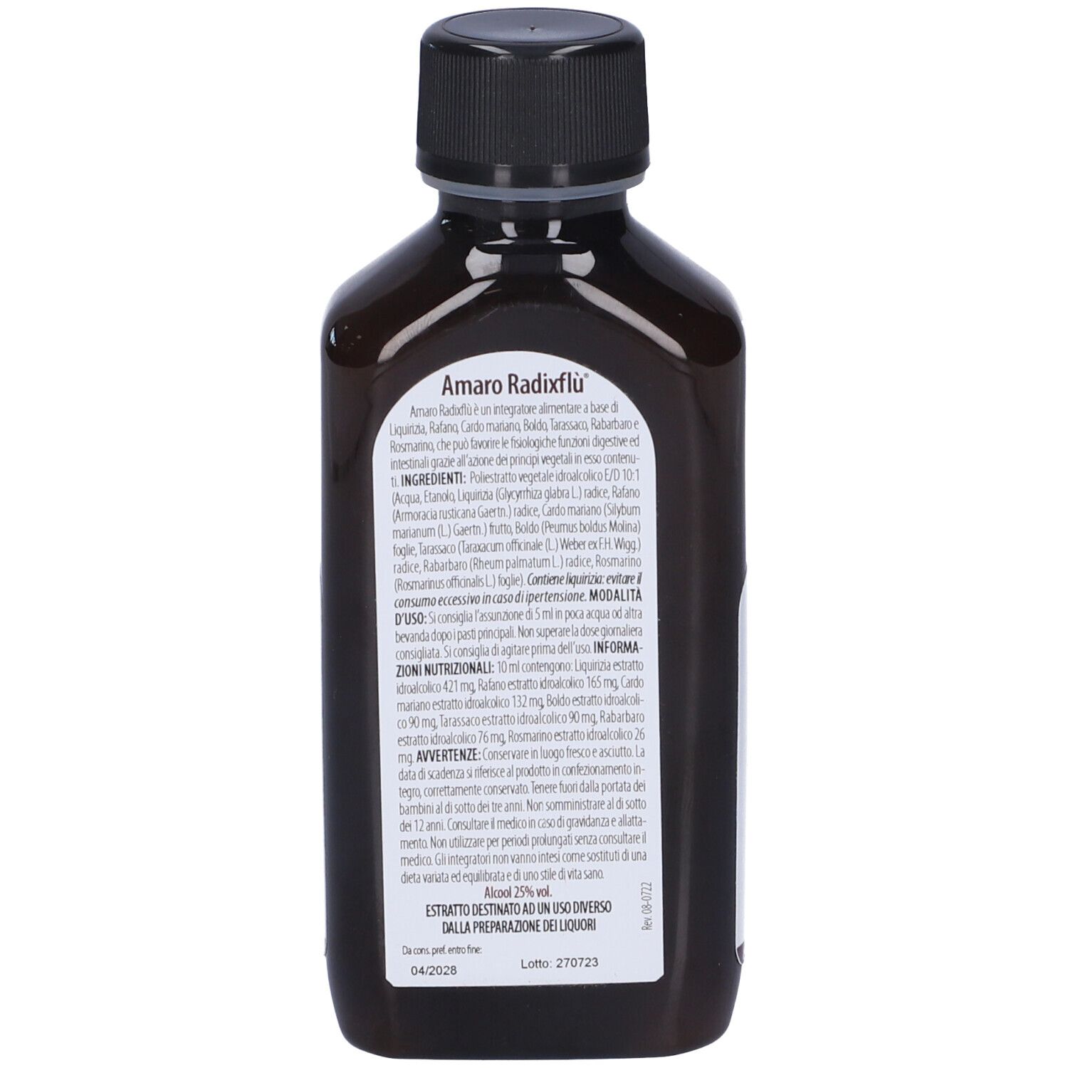 Bottiglia marrone con tappo nero. Etichetta con informazioni sul prodotto e ingredienti.