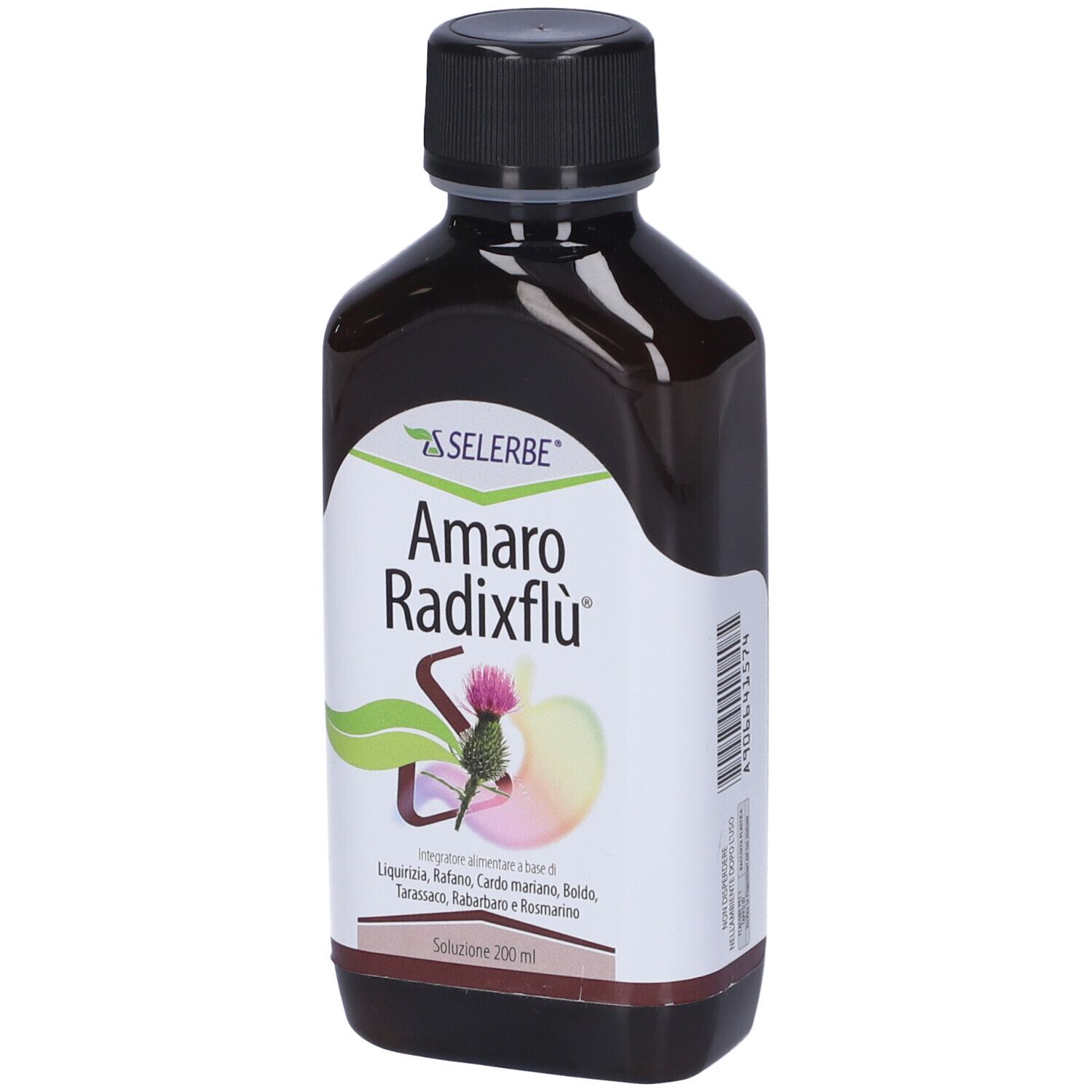 Bottiglia marrone con tappo nero. Etichetta con nome del prodotto e logo. Illustrazione di piante.