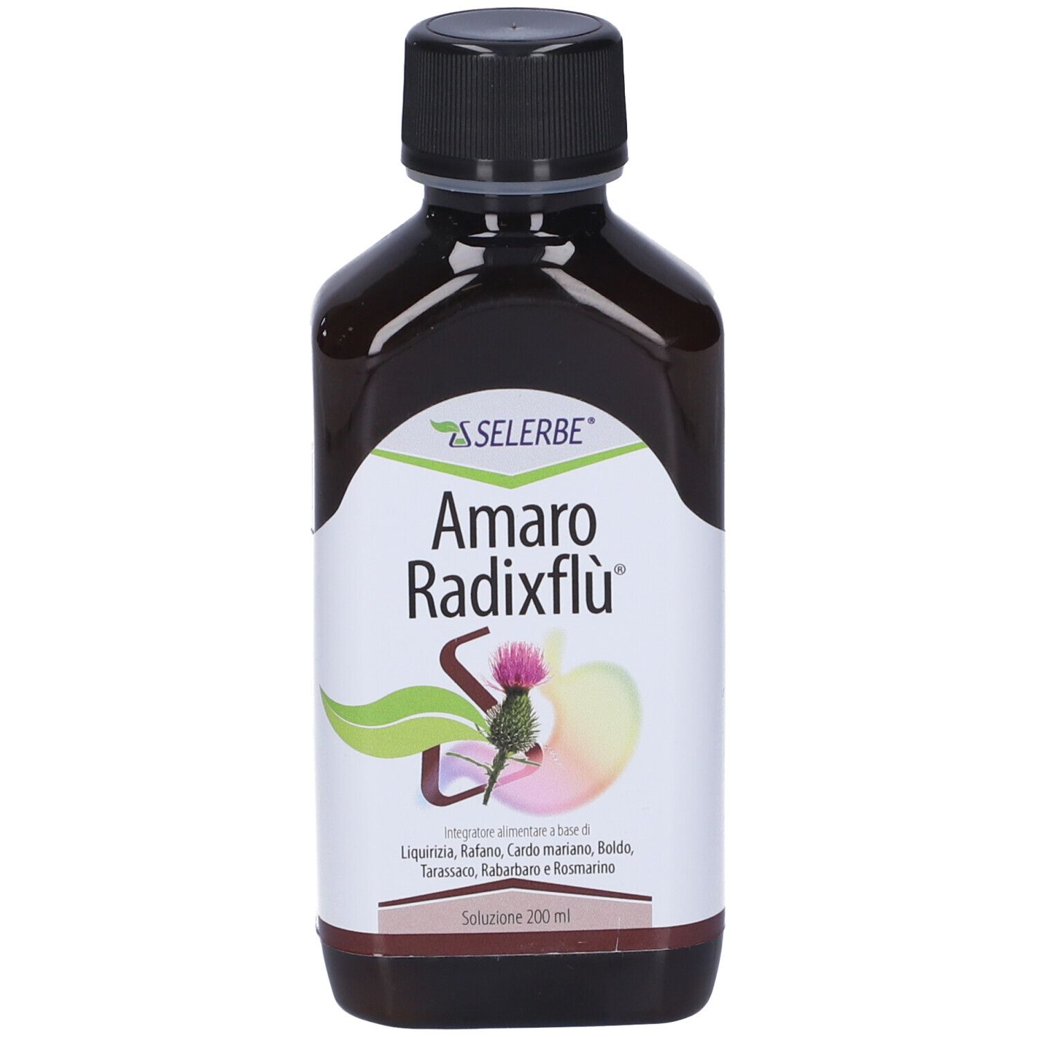 Bottiglia marrone con tappo nero. Etichetta con nome del prodotto e logo. Illustrazione di piante.