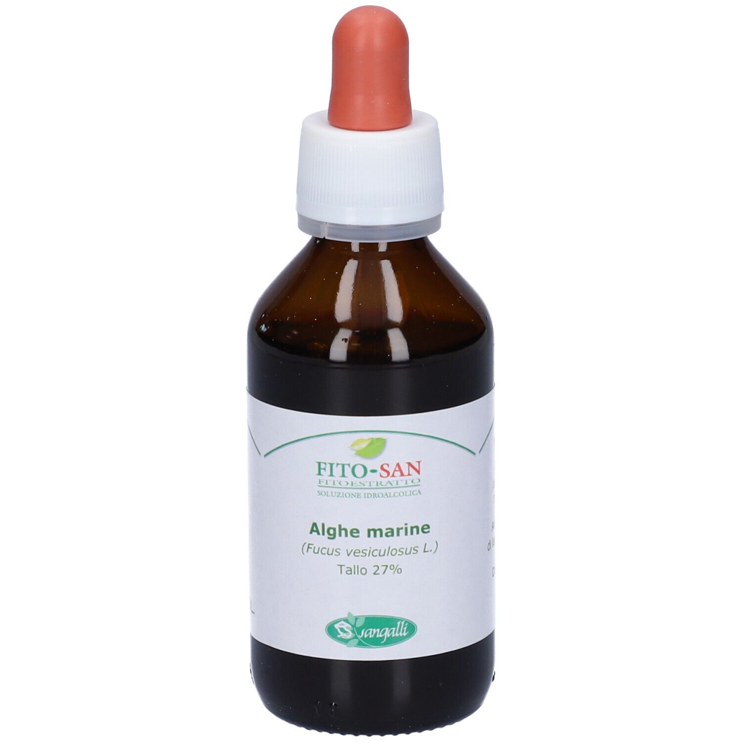 Flacone di vetro marrone con contagocce. Etichetta con testo e logo. Contagocce rosso. Flacone pieno.