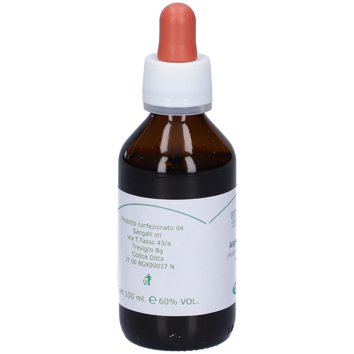 Flacone di vetro marrone con contagocce. Etichetta con testo. Contagocce rosso. Flacone pieno. 100 ml.