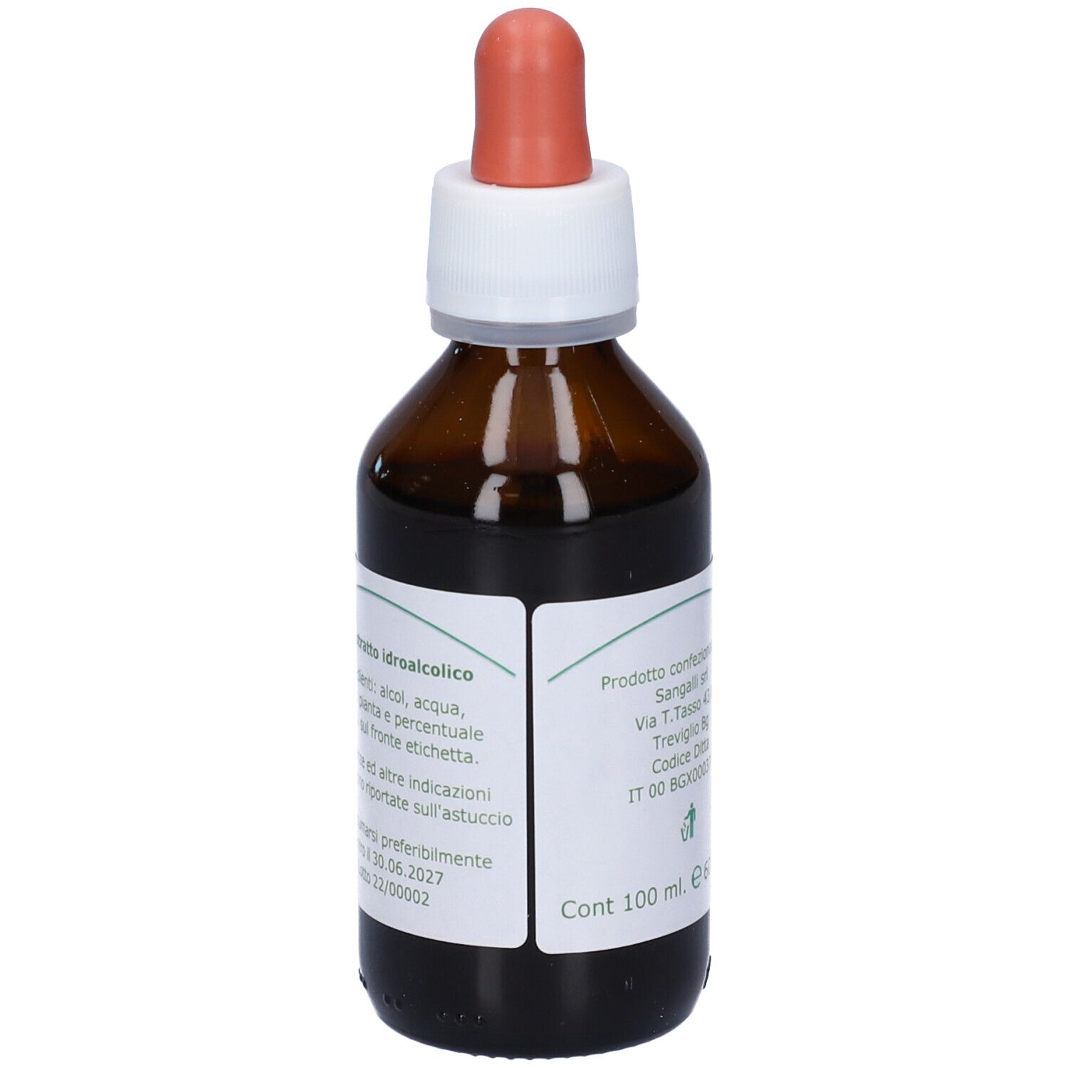 Flacone di vetro marrone con contagocce. Etichetta con testo. Contagocce rosso. Flacone pieno. 100 ml.