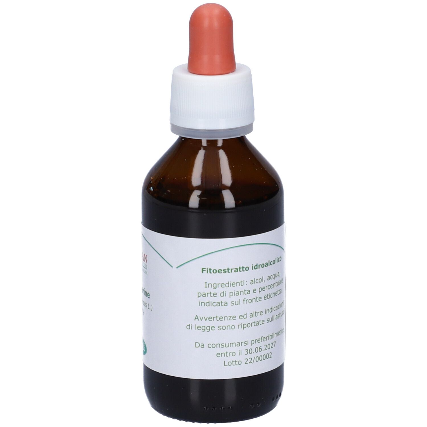 Flacone di vetro marrone con contagocce. Etichetta con testo. Contagocce rosso. Flacone pieno. 100 ml.