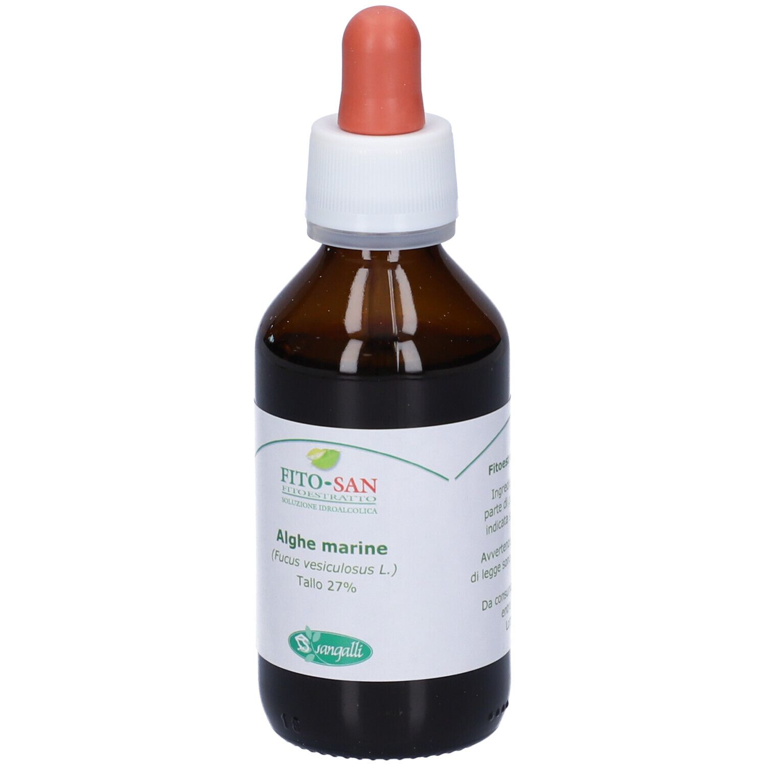 Flacone di vetro marrone con contagocce. Etichetta con testo e logo. Contagocce rosso. Flacone pieno.